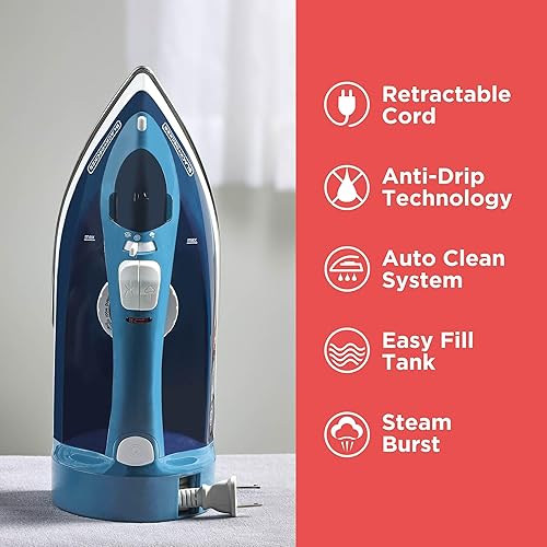 Miniatura 8 de BLACK+DECKER Steam Iron for Clothes with Retractable Cord, Vertical Steaming, Anti-Drip Design, Spray Mist and Auto Clean Button, 1200W
