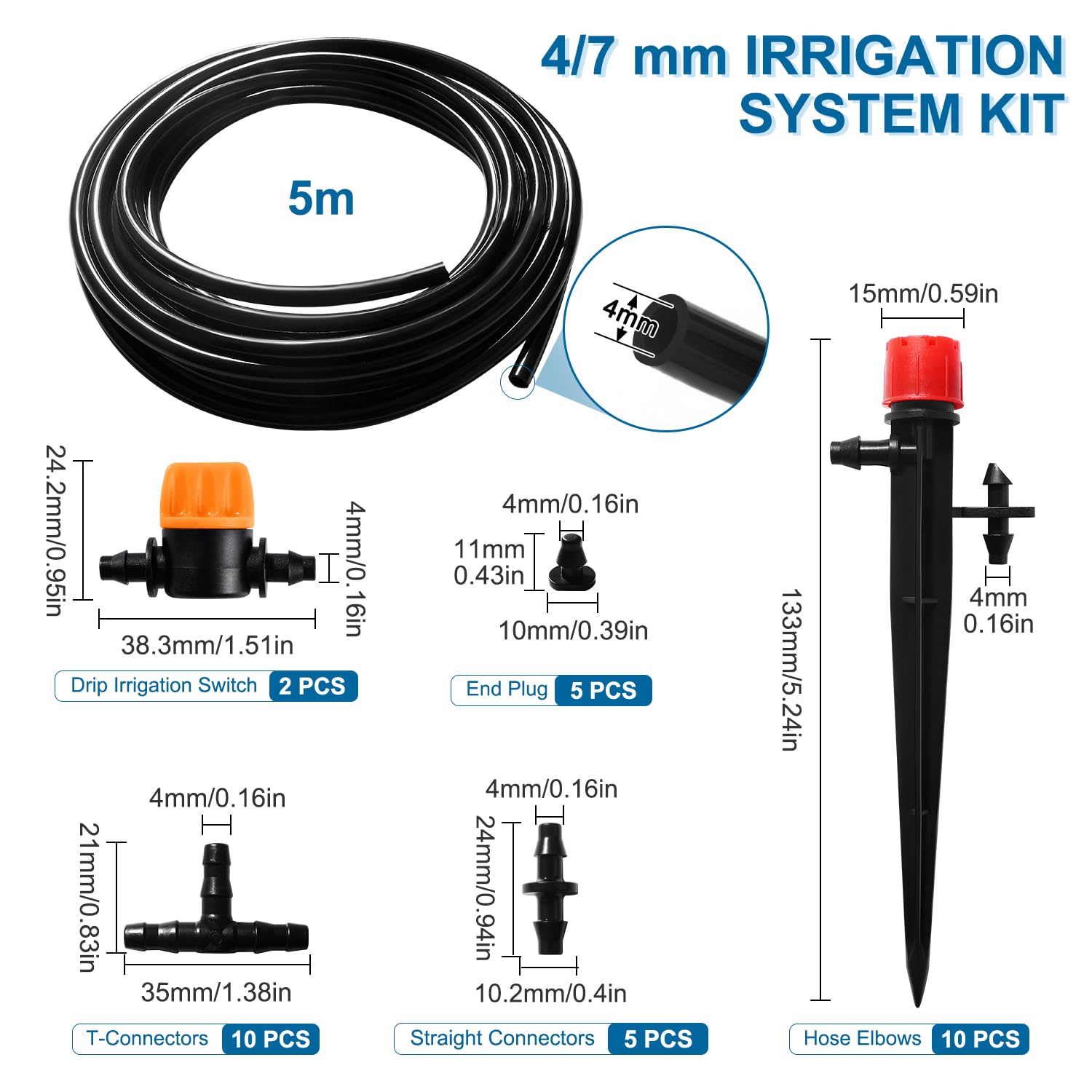 VooGenzek 33 PCS 4/6 mm Irrigation System Kit, 5m Irrigation Hose, DIY Auto Drip Irrigation Kit, with Straight-Through Joints - Image 2