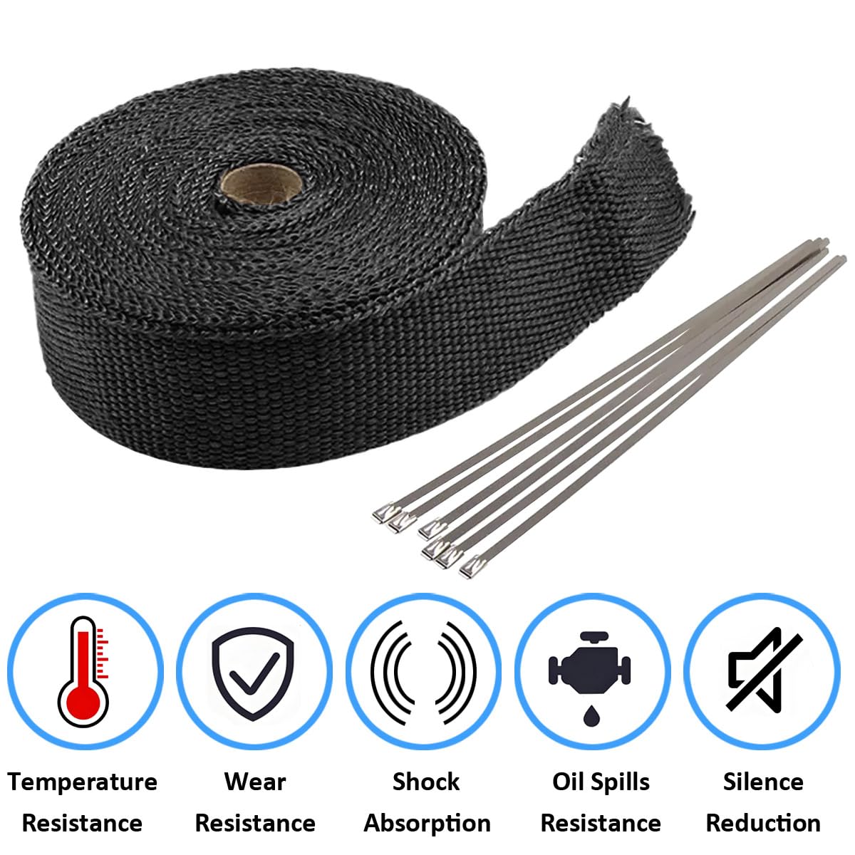 Bande Thermique Échappement Fibre de Verre Ruban Collecteur d'échappement de Moto Tuyeau Isolant Thermique Protection Voiture Isolante Noir 5CM X 10M avec 6 Attaches