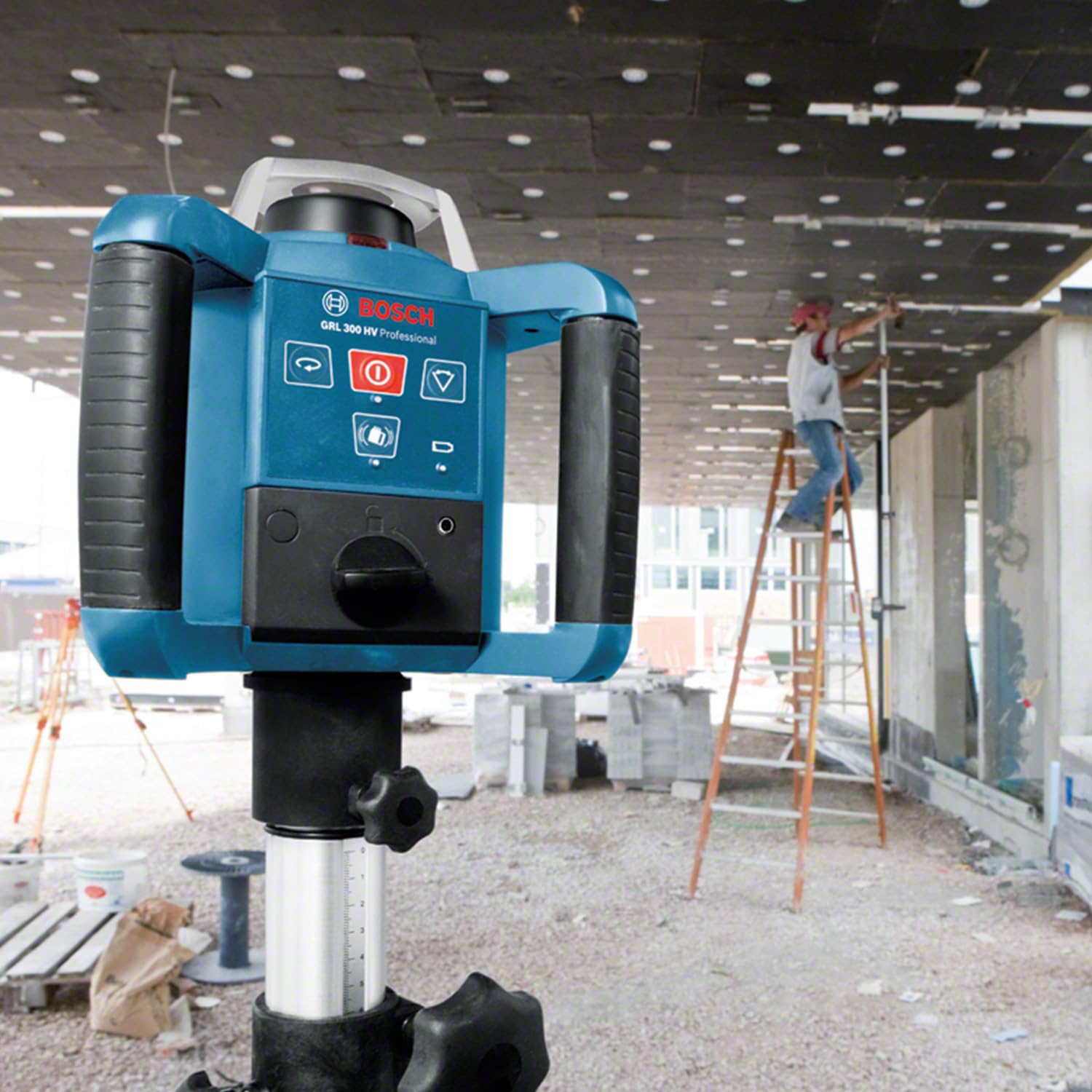 Bosch Professional Laser obrotowy GRL 300 HV (czerwona wiązka, odbiornik laserowy LR 45, zasięg pracy: do 300 m (średnica), akumulatorki ładowane (2xD, 1x9V), ładowarka, L-Boxx)