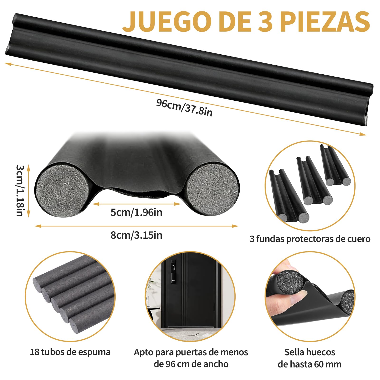 3 Piezas Cortavientos para la Puerta, Burlete Puerta Entrada 96 cm, Burletes para Puertas, Burlete Bajo Puerta Doble Aislante e Impermeable, Fácil Instalación, Negro