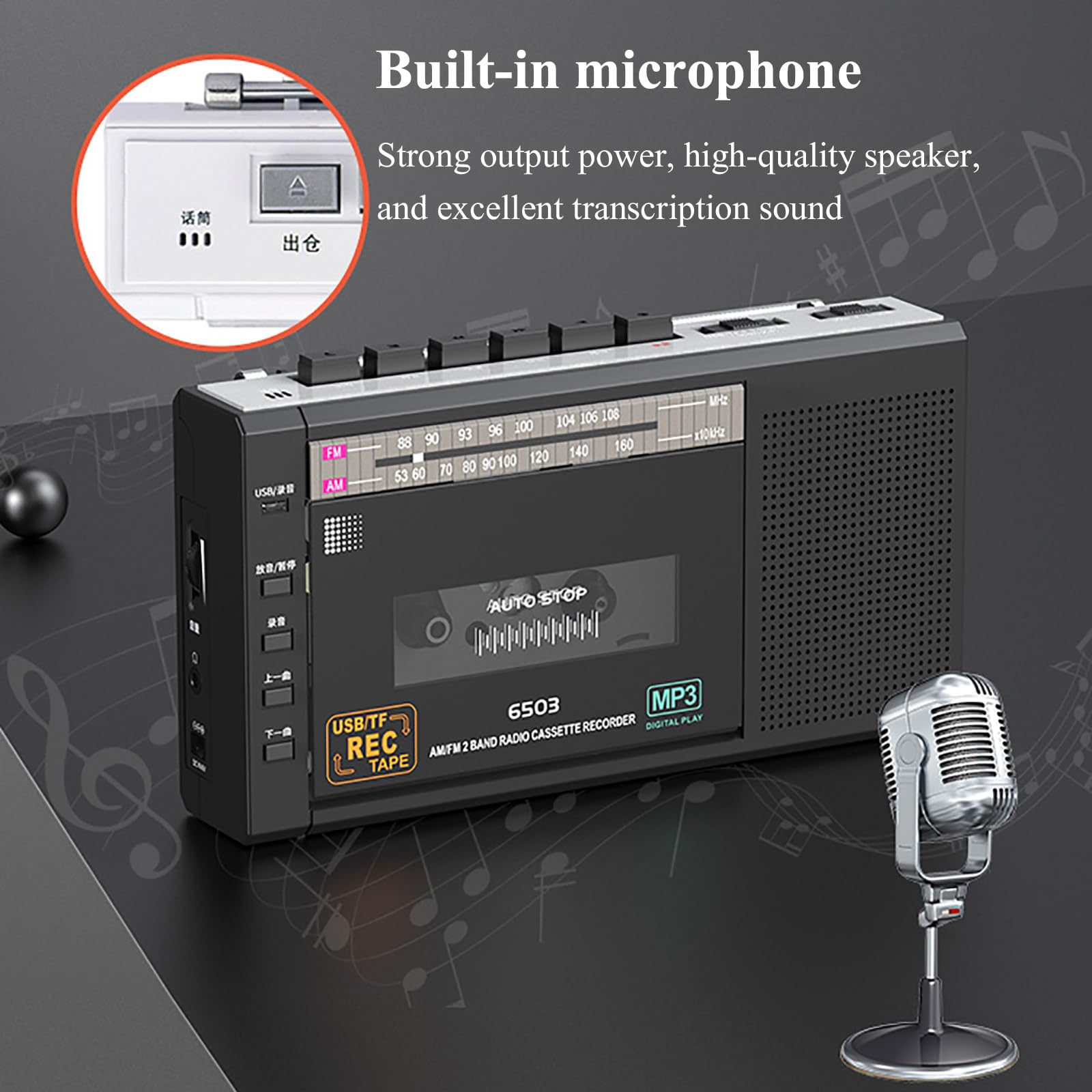 Przenośny magnetofon retro, kasetowy odtwarzacz radiowy, obsługa formatu MP3, podwójny zasilacz AC/DC, odtwarzanie kart USB/TF