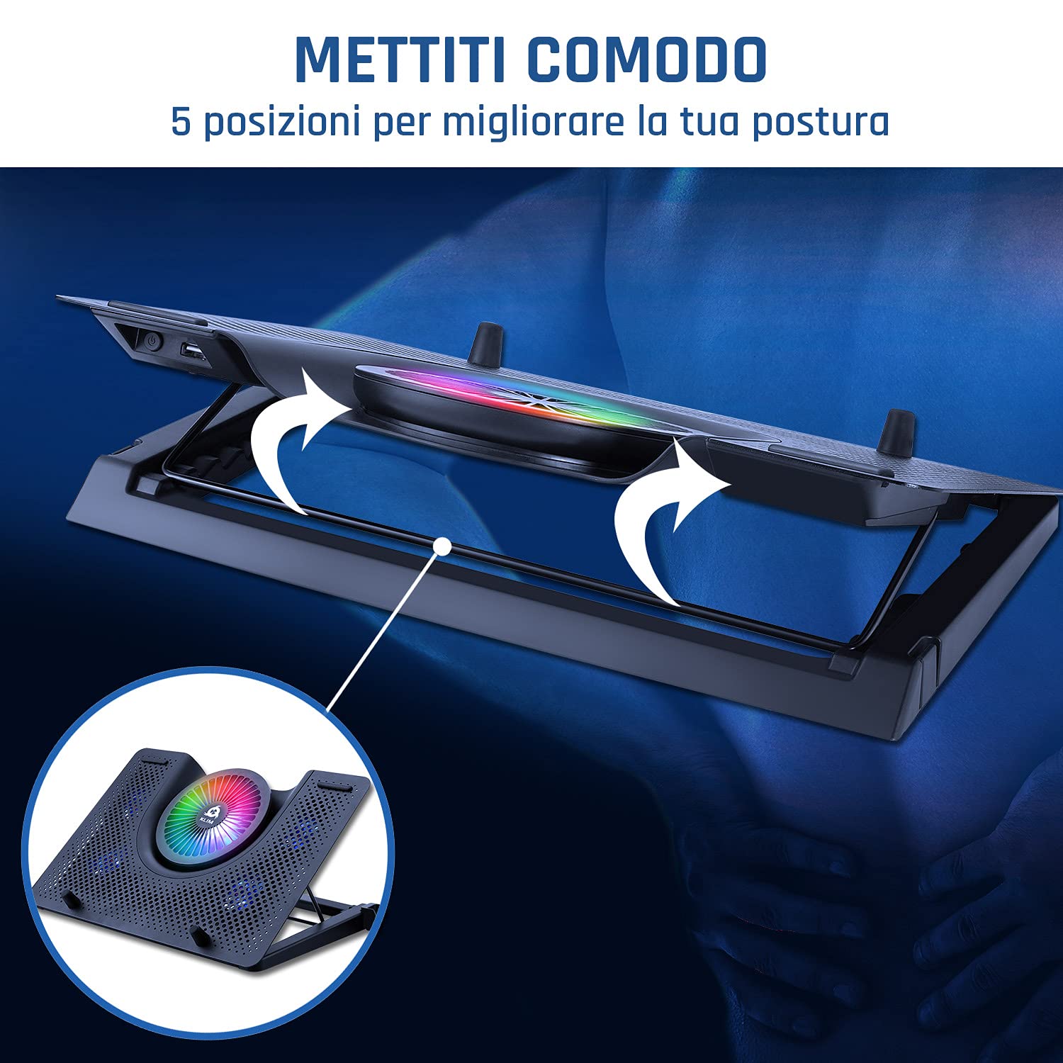 KLIM Nova - Base di raffreddamento RGB per PC portatili da 11" a 17" - Supporto di raffreddamento per laptop da gaming - USB - Stabile e silenzioso - Compatibile con Mac e PS4 - Novità Versione