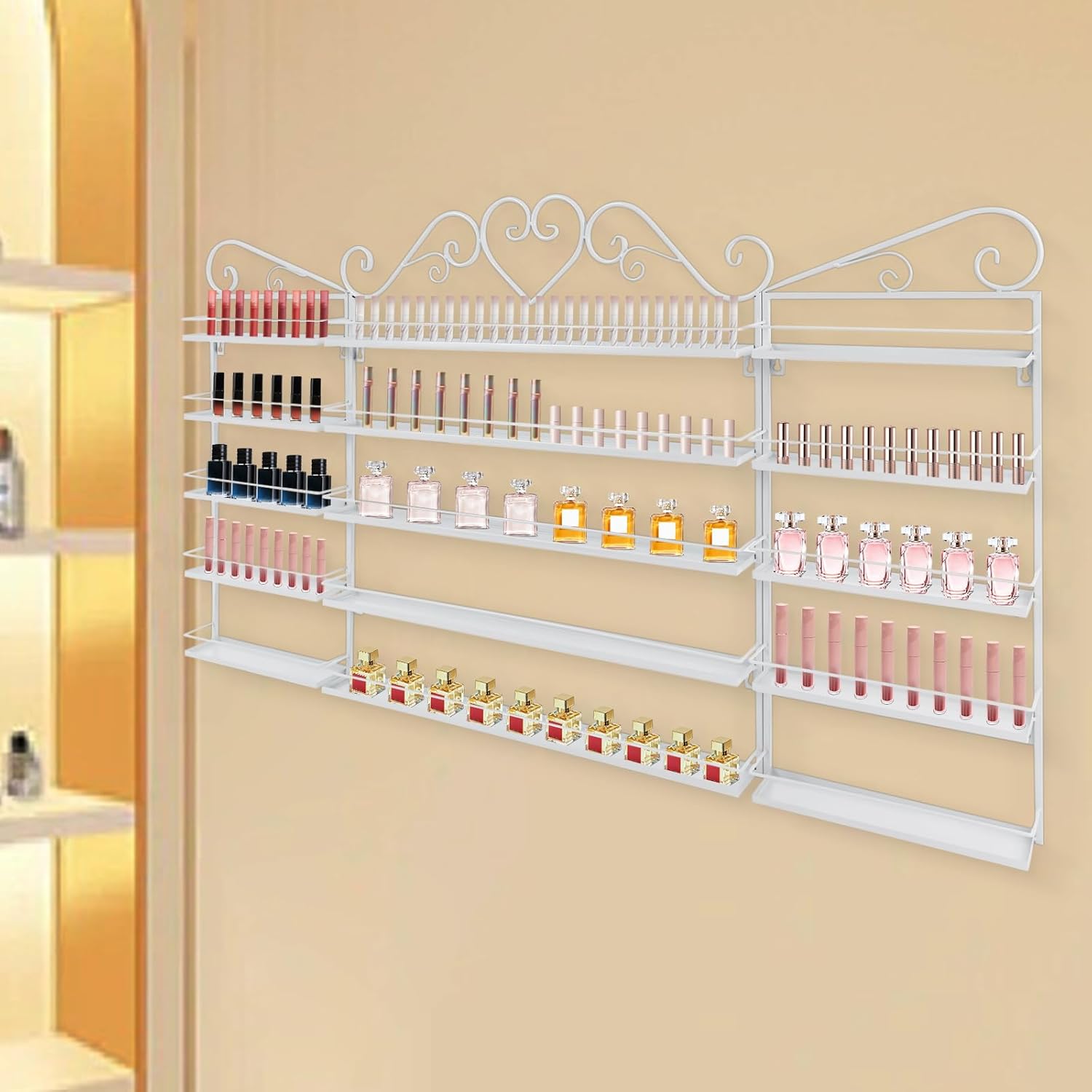 5-Tier Wall-Mounted Nail Polish Storage Racks Set of 3, Metal Cosmetic Display Case with Lipstick Perfume Shelf, Essential Oil Organizer for Home Spa Nail Salon Shop(White)
