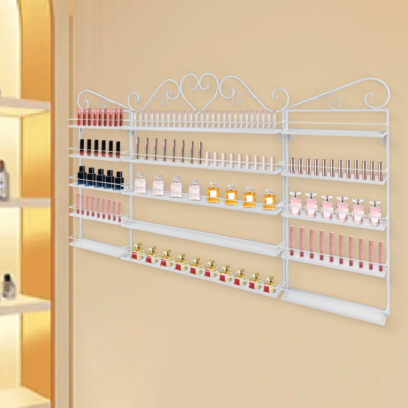 Étagère murale à 5 niveaux en métal à 3 niveaux pour vernis à ongles, avec bandes de protection, organiseur de coiffeuse pour rouges à lèvres, parfums, pour salon de manucure, chambre à coucher