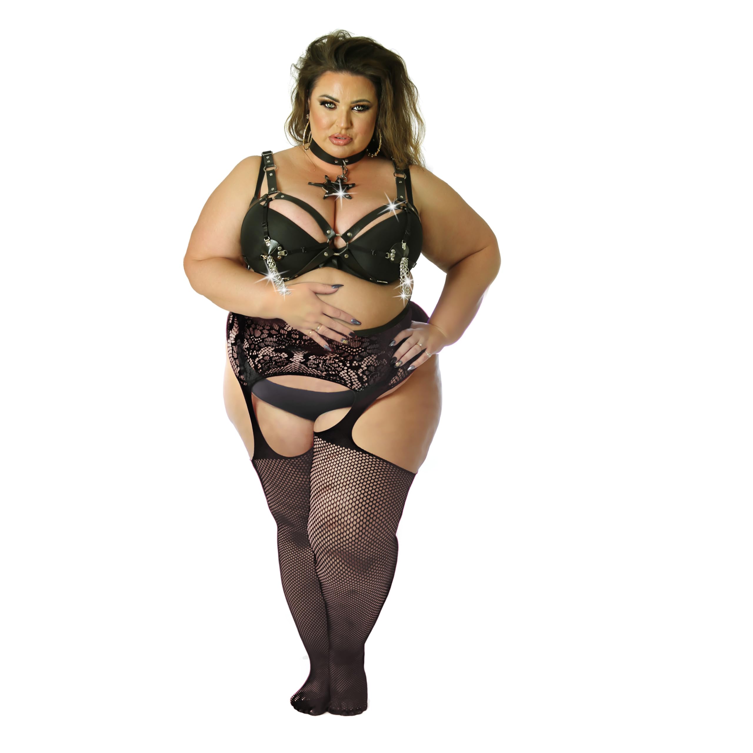 PRINCESS LACE BOUTIQUE Fishnet Stockings, Mock Suspenders Tights, Plus Queen Curve BBW