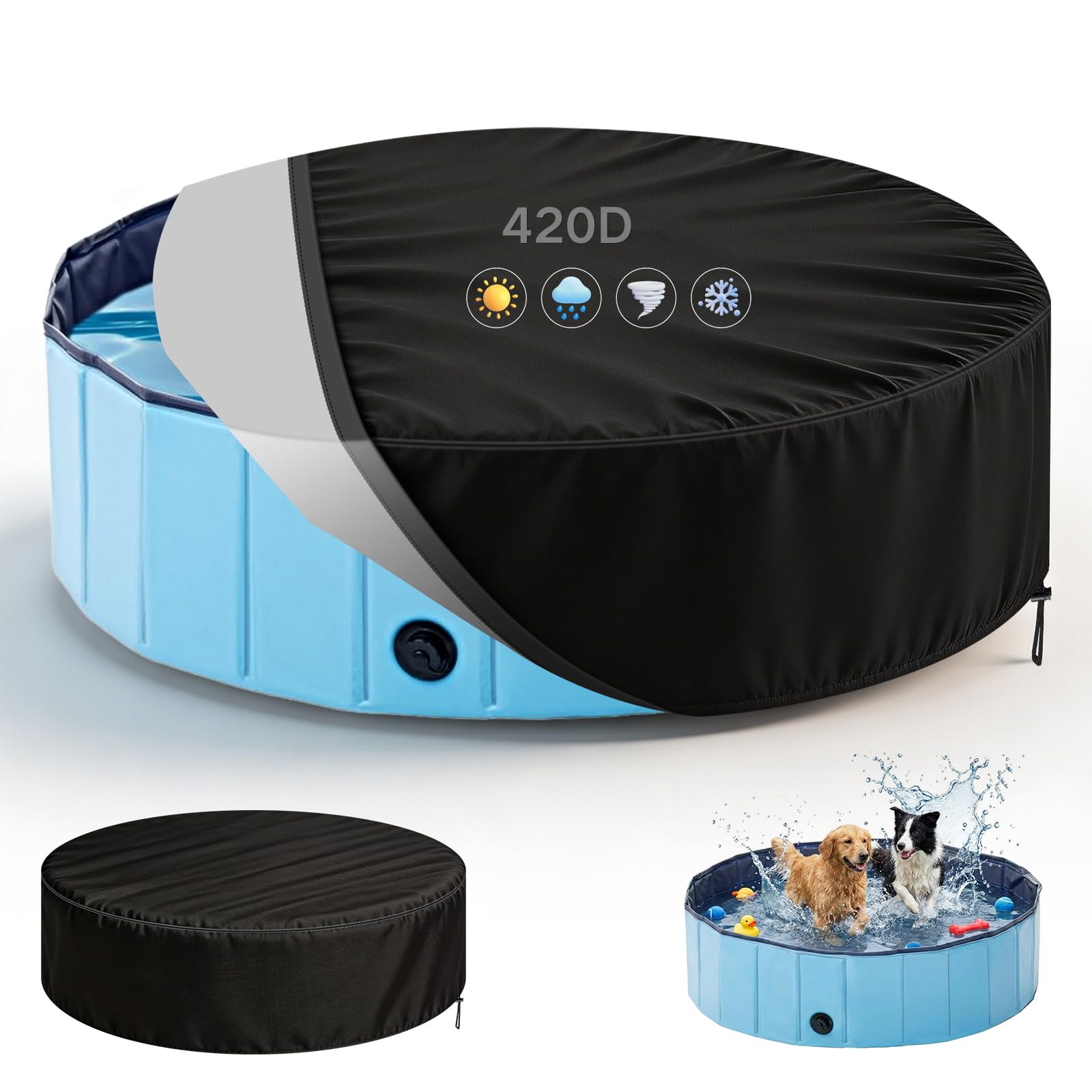 YedZen Round Dog Pool Cover 160x30cm, 5.25FT, 420D Oxford PU Waterproof Swimming Pool Cover with Drawstring, UV Resistant Dustproof Covers for Dog Pools, Plastic Dogs Paddling Pools