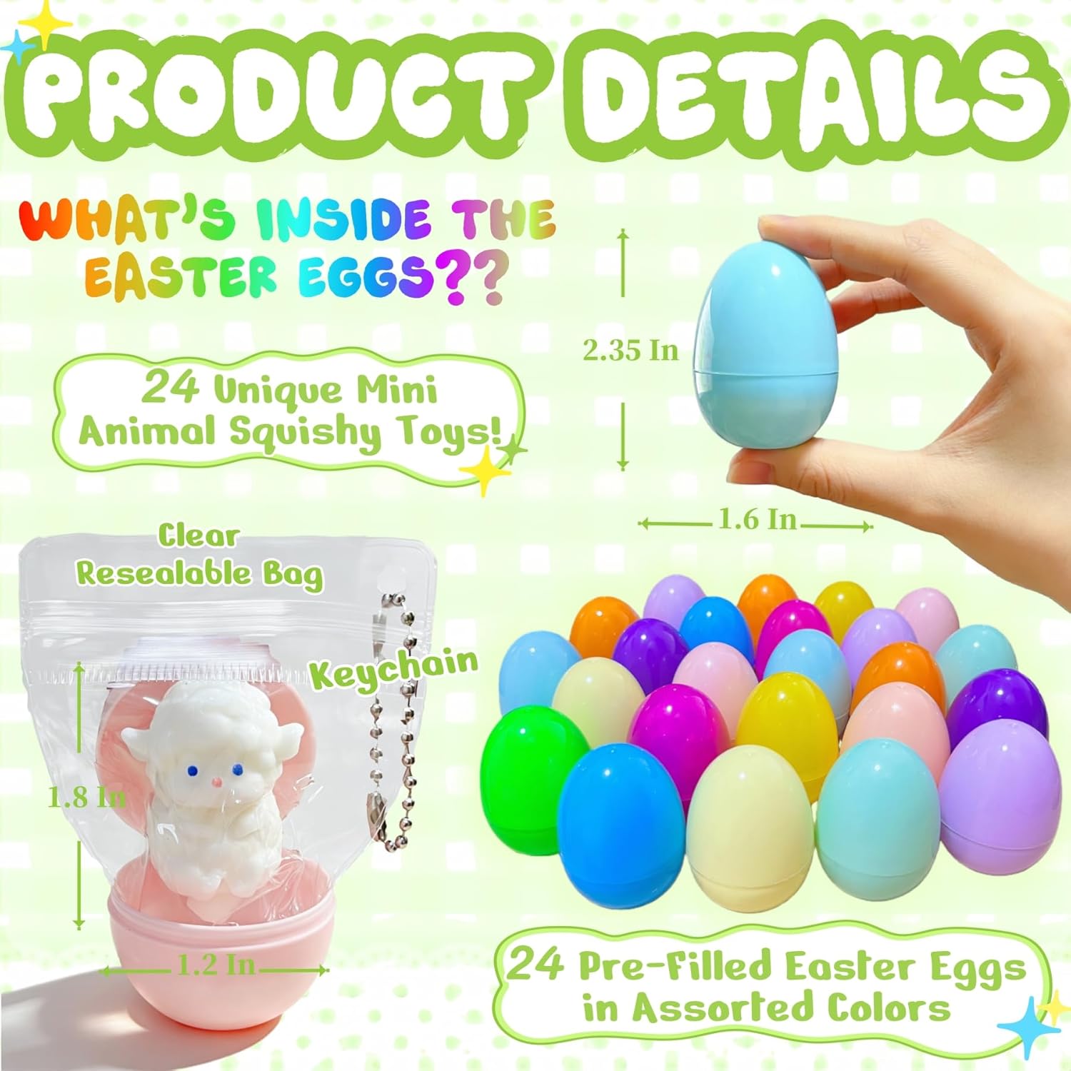 24 Pack Prefilled Easter Eggs with Squishy Toys, 24 Styles Mini Animal Squishy Fidget Toys with Keychain, Super Soft Sticky Squeeze Toy for Easter Basket Stuffers & Goodie Bag Fillers
