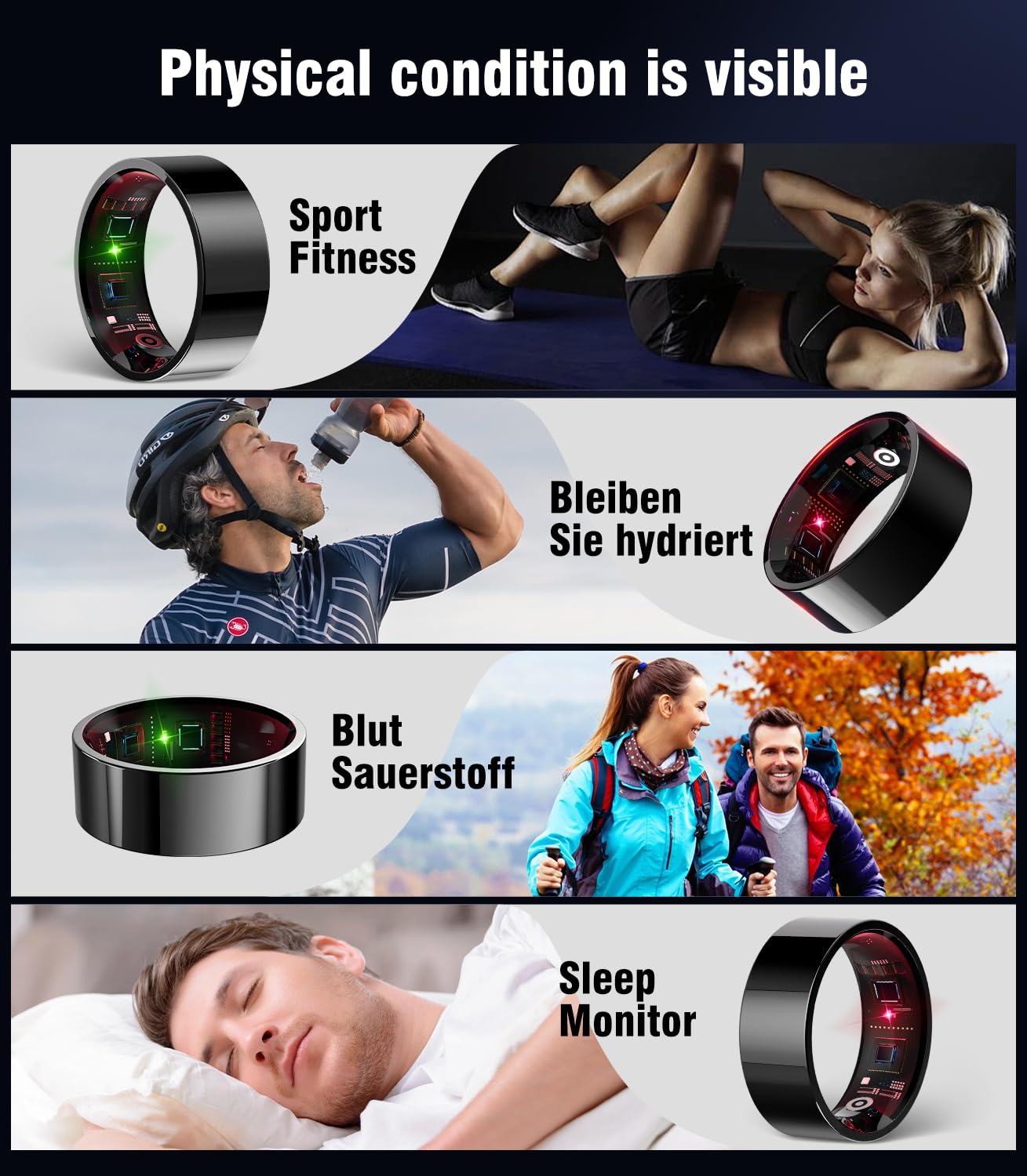 Anillo inteligente 6.0 y compartimento de carga. 【Industrias nº 1 – 0 errores de medición】2025 Fitness Tracker para seguimiento del sueño Wearable, SpO2, Smartring para Android e iOS, negro 8#