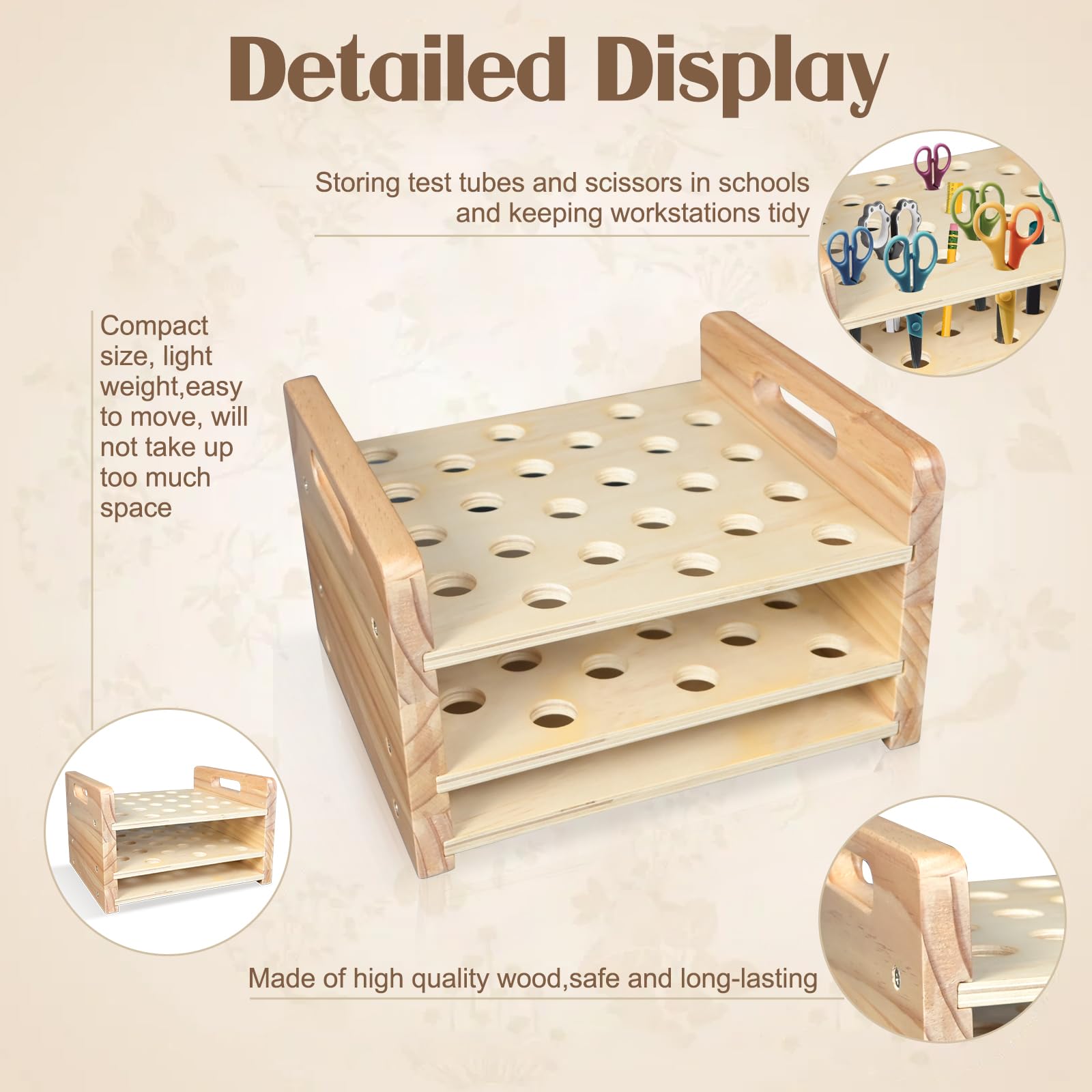 Supporto per forbici in legno, 24 fori, in legno naturale, organizer per sopracciglia, penne, pennelli da trucco, organizer da scrivania per aule, ufficio, barbiere, casa