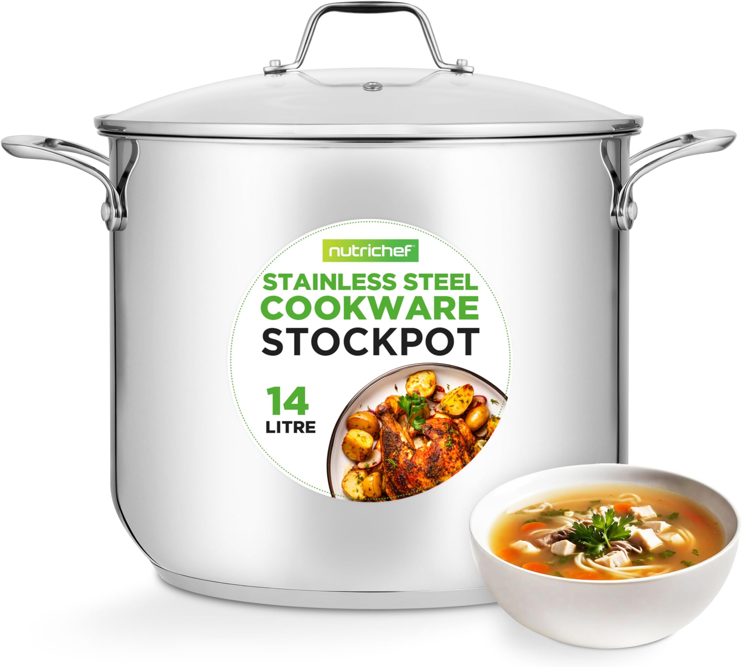 NutriChef Large Stainless Steel Stock Pot with Lid - Big Soup Pot, Heavy Cooking Pot with Glass Lid - Stew Pot, Cookware Induction Pot, Mirror Finish Stockpot, Deep Casserole Pot, 15-Qt/14.2 Litre