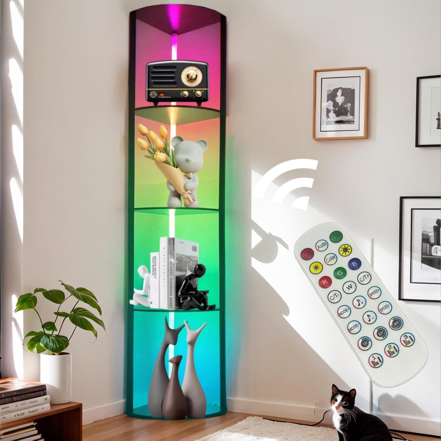 5 Tiers LED Corner Shelf ,65" Stand Floor Lamps for Collectibles , Corner Bookshelf Cabinet Display Shelves with Multiple Color Lights via APP and Remote Control for Living Room Bedroom Home