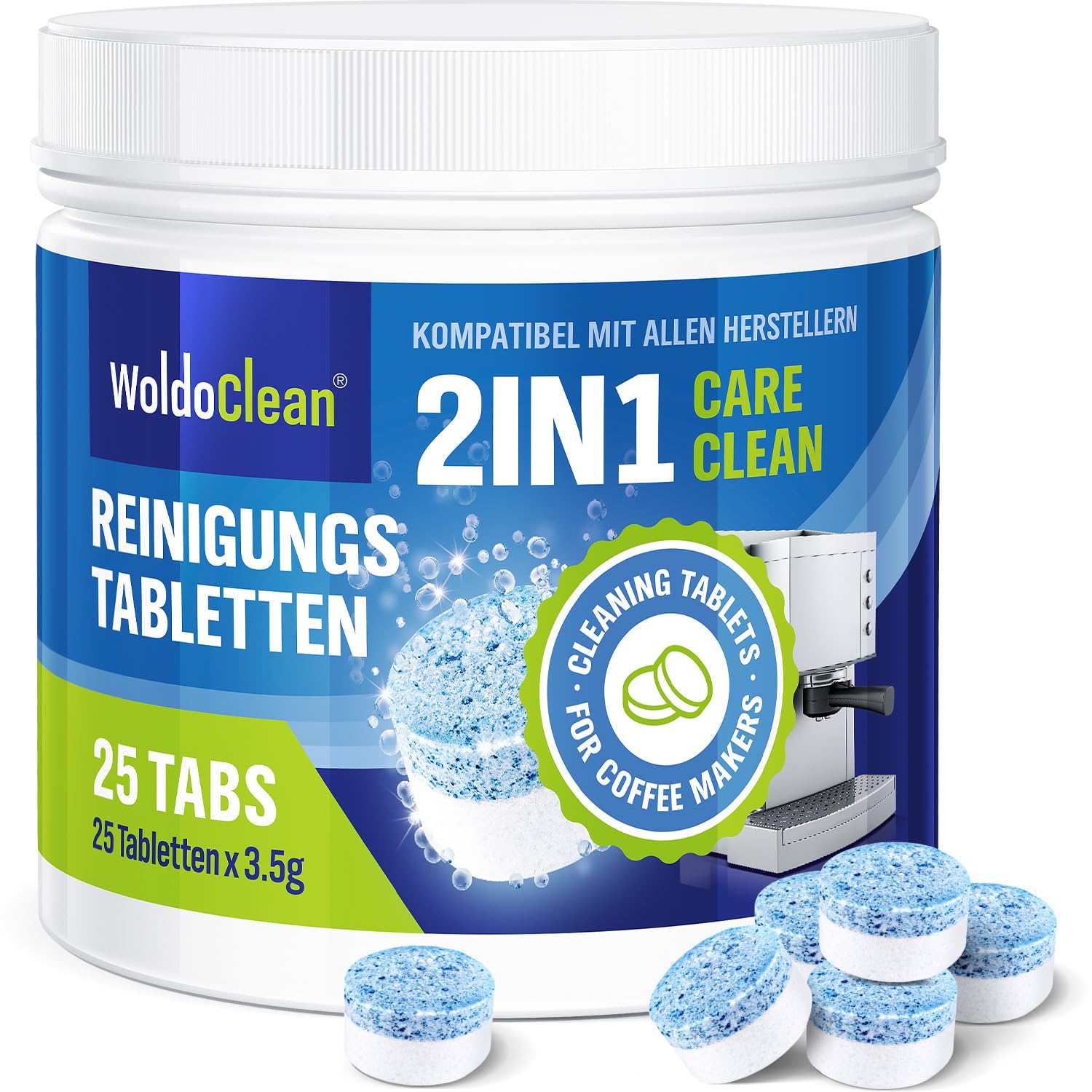 WoldoClean 2-Phasen Reinigungstabletten für Kaffeevollautomaten - 25 Stück, kompatibel mit automatischen Reinigungsprogrammen