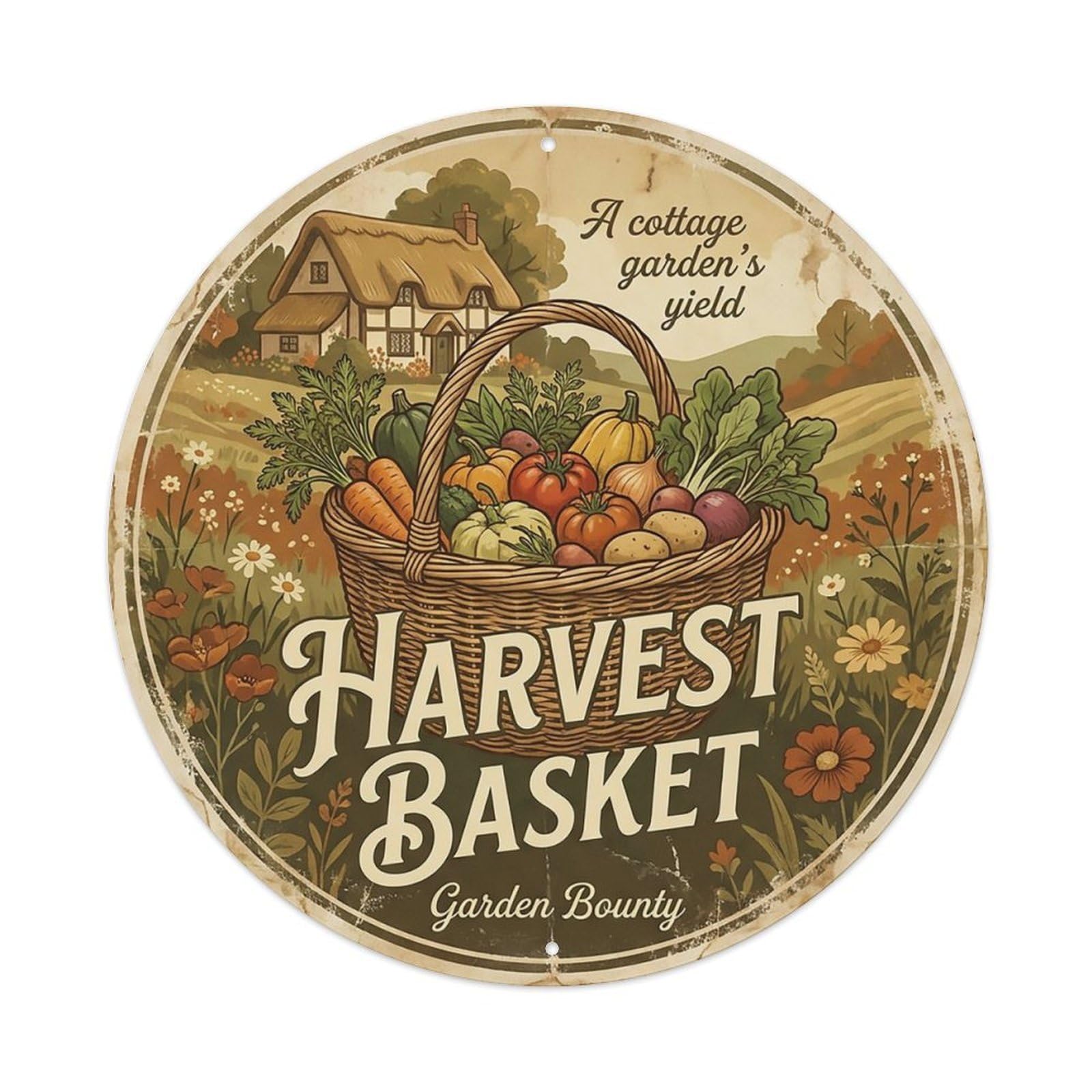 Cxhjca 8X8inch(20X20cm) Vintage Cottagecore Garden Harvest Basket Vegetables Metal Tin Sign
