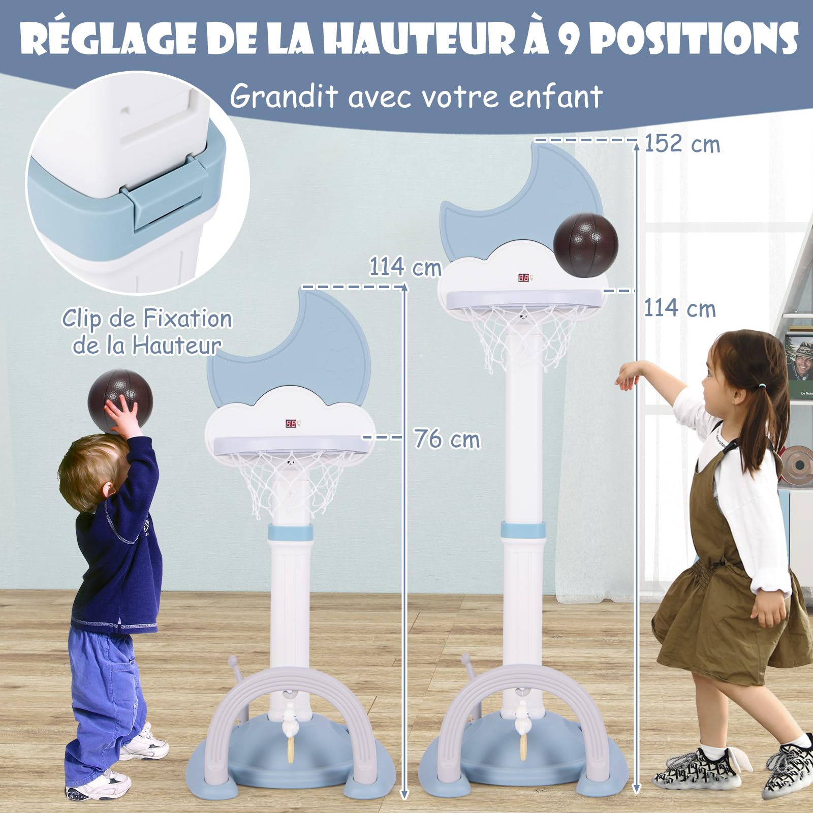 GOPLUS 4 en 1 Panier de Basket Enfants Réglable 114-152 cm, Effet Sonore de But, Tableau de Score Electronique en Forme de Lune, Football, Jeu de Golf, Anneaux, pour Intérieur Extérieur (Bleu)