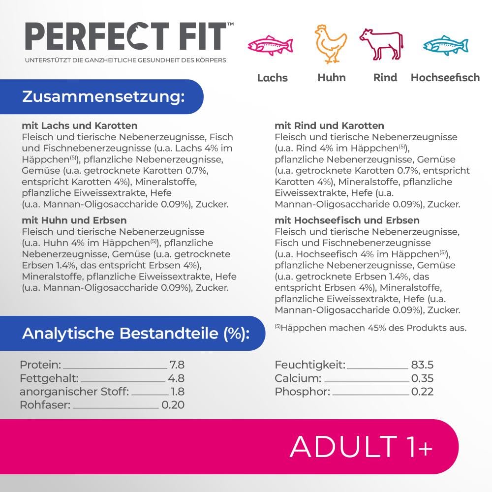 Perfect Fit Adult 1+ Katzennassfutter Auswahl mit Lachs, Hochseefisch, Rind und Huhn, 48 Portionsbeutel, 12x85g (4er Pack) – Premium Katzenfutter nass, für erwachsene Katzen ab 1 Jahr