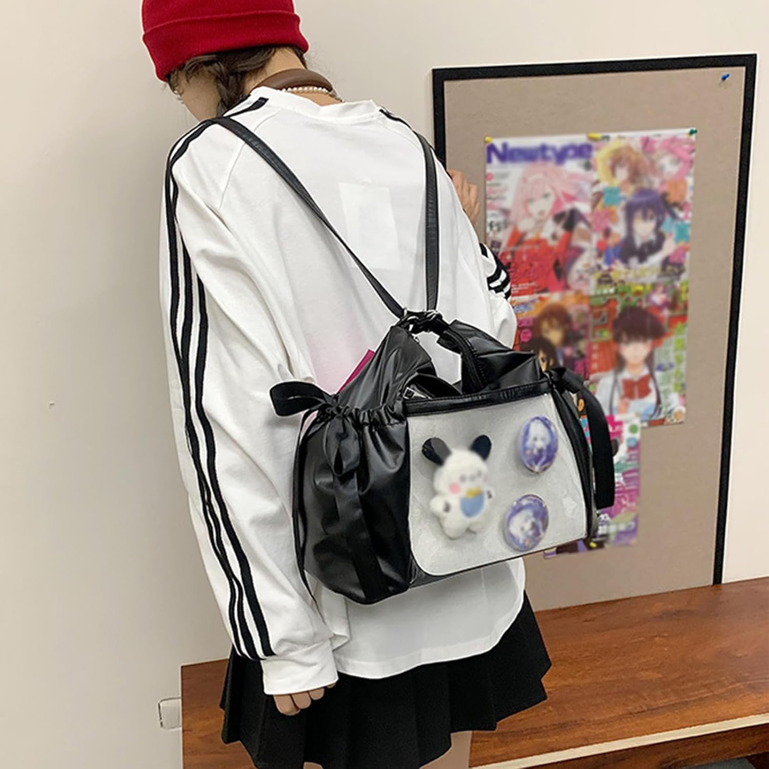 Ribbon Bow Ita Bag Pin Display Tote Handbag JK Cute Kawaii PU Y2K Gothic Backpack Shoulder Bag Large Capacity