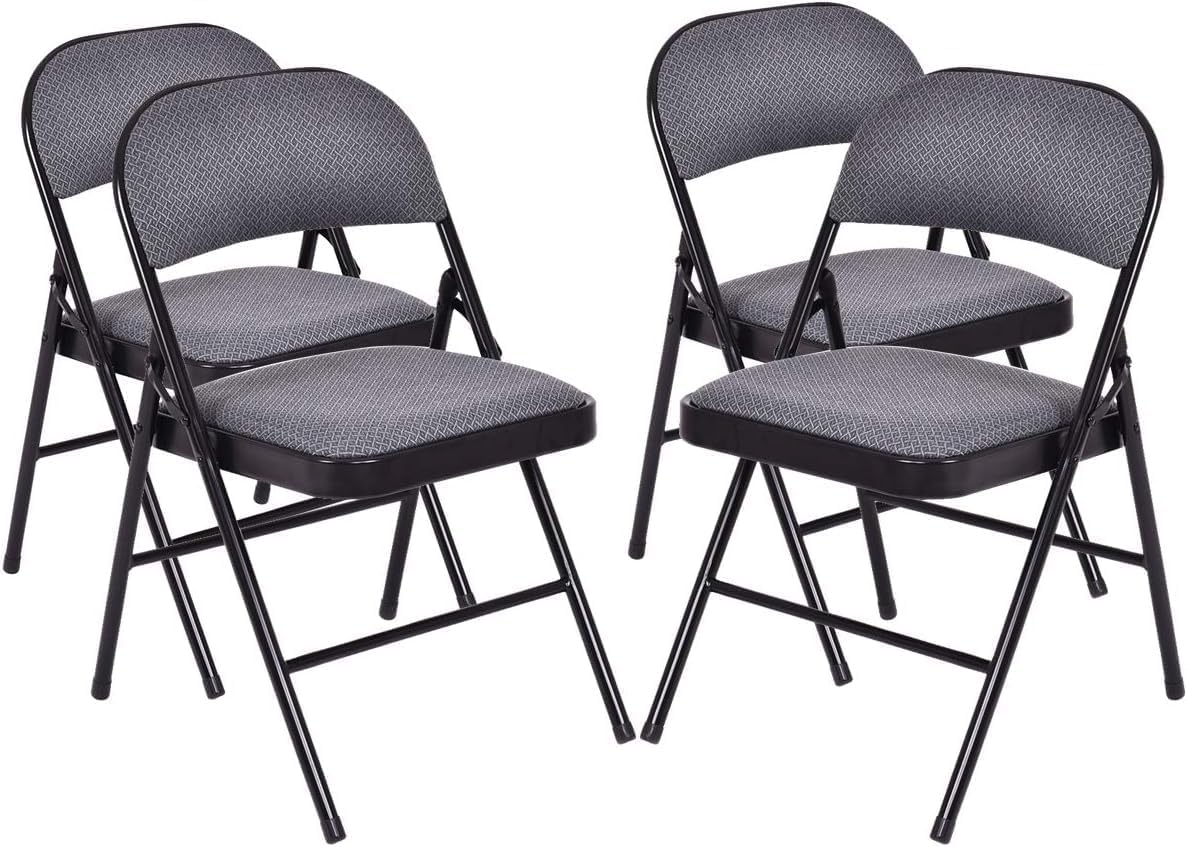 COSTWAY 4 Pack Upholstered Folding Chairs, Foldable Chair with Steel Frame and Fabric Padded Seat & Backrest for Home Office Outside Party Event, Grey & Black