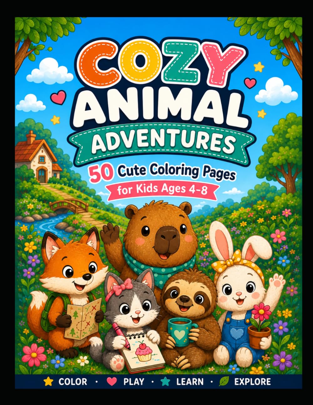 Cozy Animal Adventures: 50 Cute Coloring Pages for Kids Ages 4-8