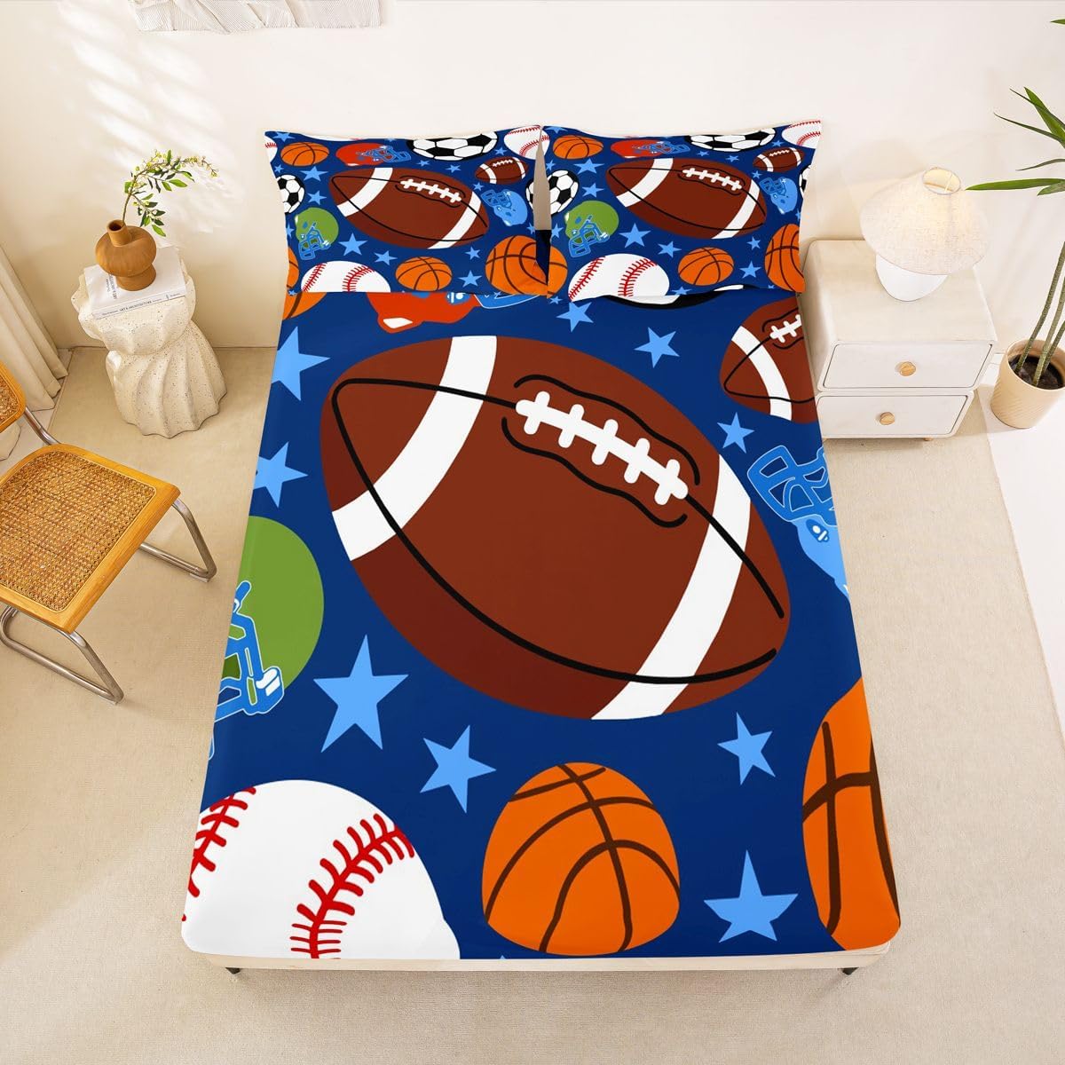 Erosebridal Kids Sports Fitted Sheet Queen Football Baseball Basketball Soccer Bed Sheets Ball Game Bedding Set for Kids Boys Girls,Competitive Sports Theme Bed Cover 3 Pcs