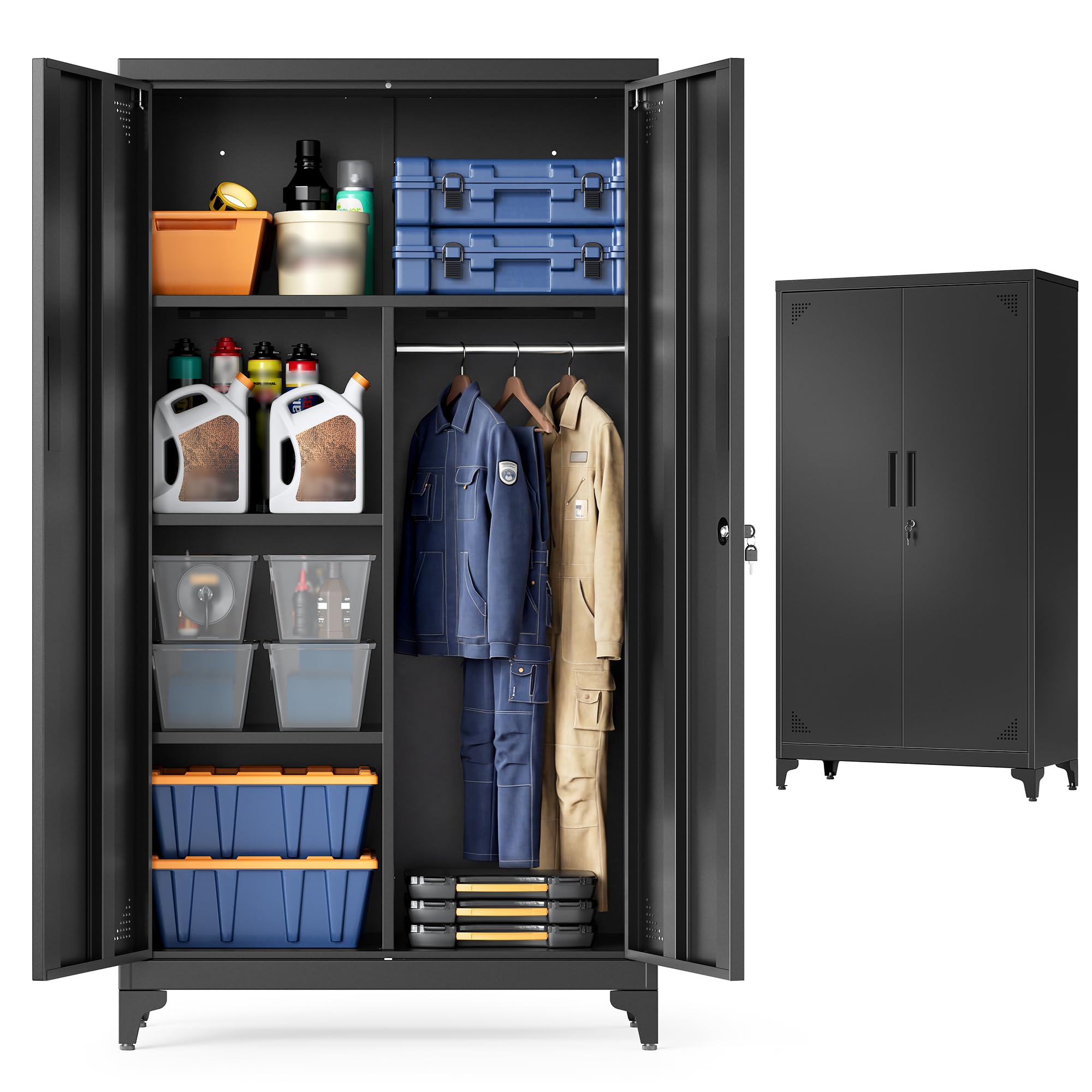 SONGMICS Armadio Multiuso, Guardaroba, Mobile da Ufficio in Metallo, con 2 Ante, 5 Scomparti, Barra Appendiabiti, Chiusura a Chiave, Piedini Alti, 80 x 40 x 165 cm, Nero Opaco OMC018BD01