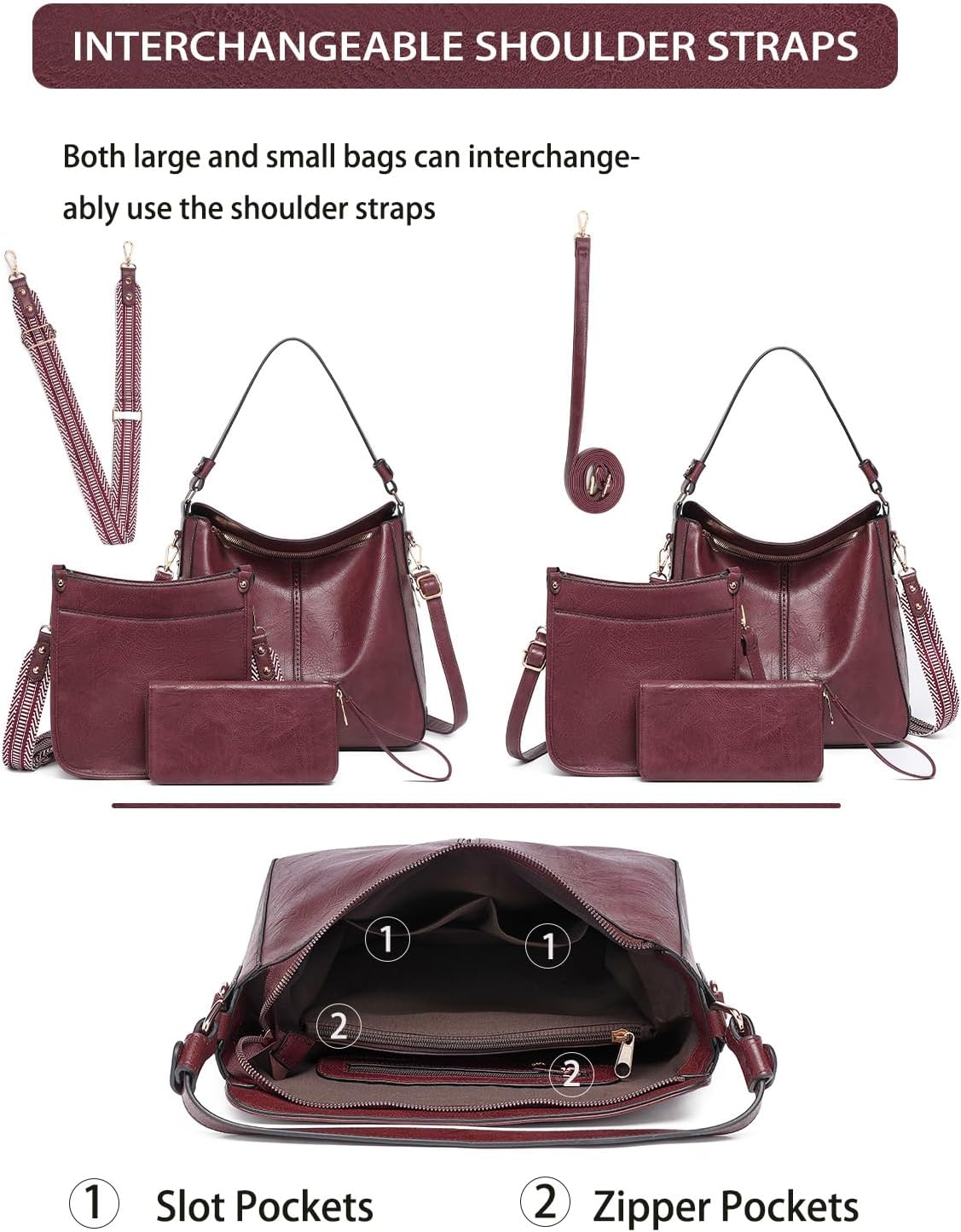 Purses for Women 3PCS, Crossbody Bags Set Large Leather Purse Shoulder Handbags with Wallet Adjustable Straps for Ladies Tote - Image 5