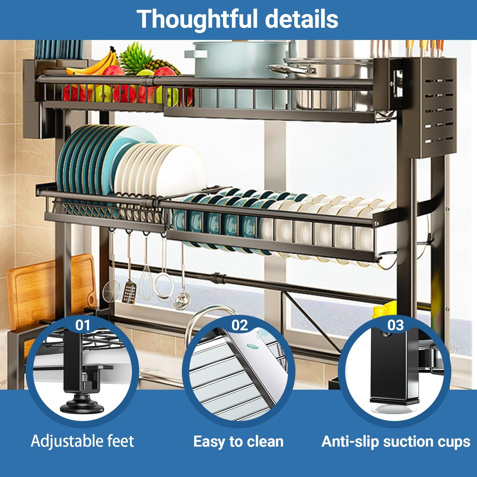 Großer Metallischer Geschirr Trockner für Die Küche mit Besteckregalen Multifunktionales Heim Geschirr Rack für Teller, Schüsseln, Körbe und Utensilien(Single layer)