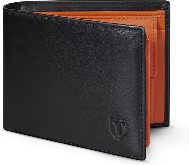 TEEHON Wallets Mens RFID Blocking, Genuine Leather Wallets for Men UK, 12 Credit Card Holders & Coin Pocket & ID Window & 2 Banknote Compartments, Bifold Mens Wallets with Gift Box - Black and Orange