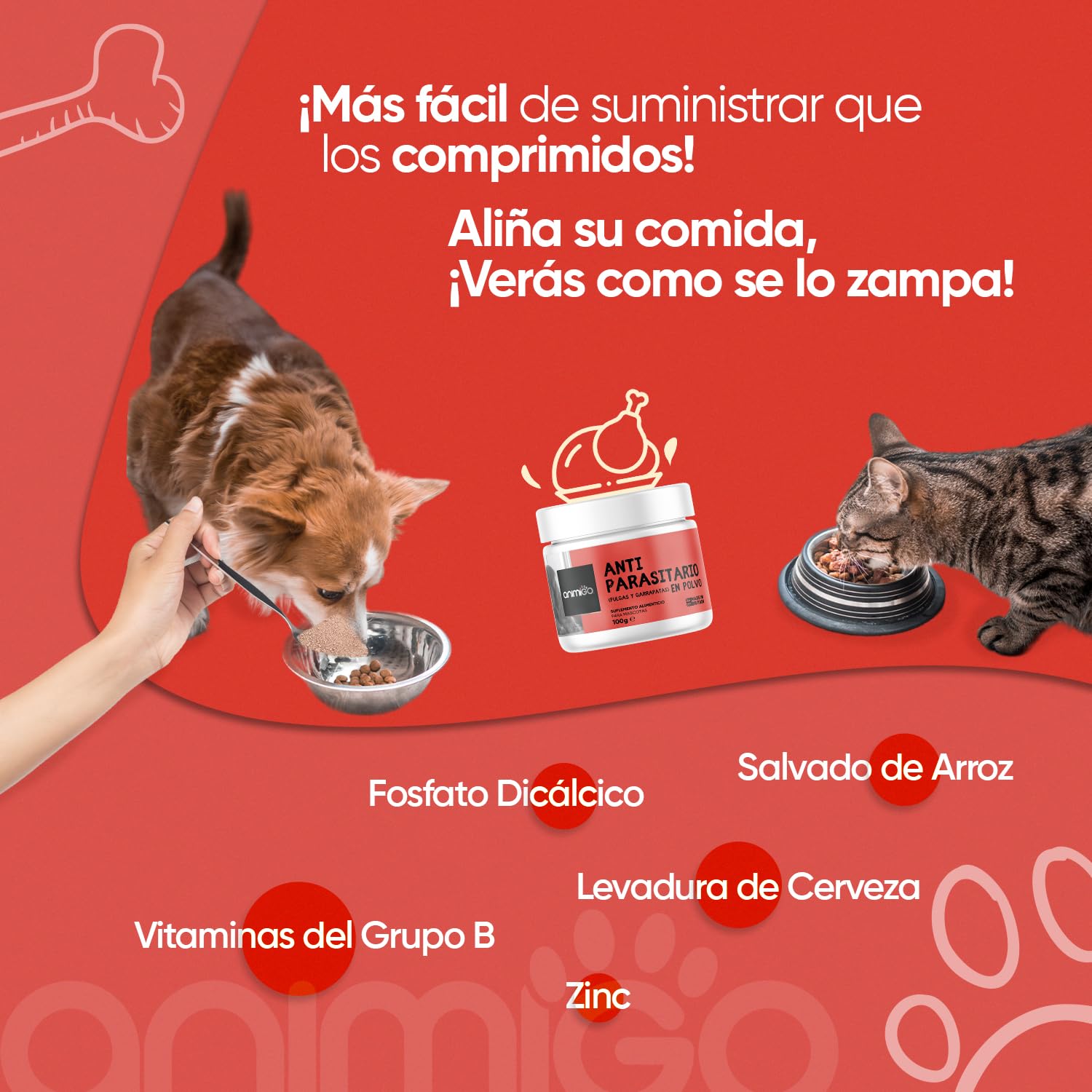 Antiparasitario en Polvo para Perros y Gatos 100g Sabor Pollo - Protección Natural Antipulgas y Antigarrapatas Muy Fácil de Suministrar Formulado con Ingredientes Naturales, Vitaminas Grupo B y Zinc