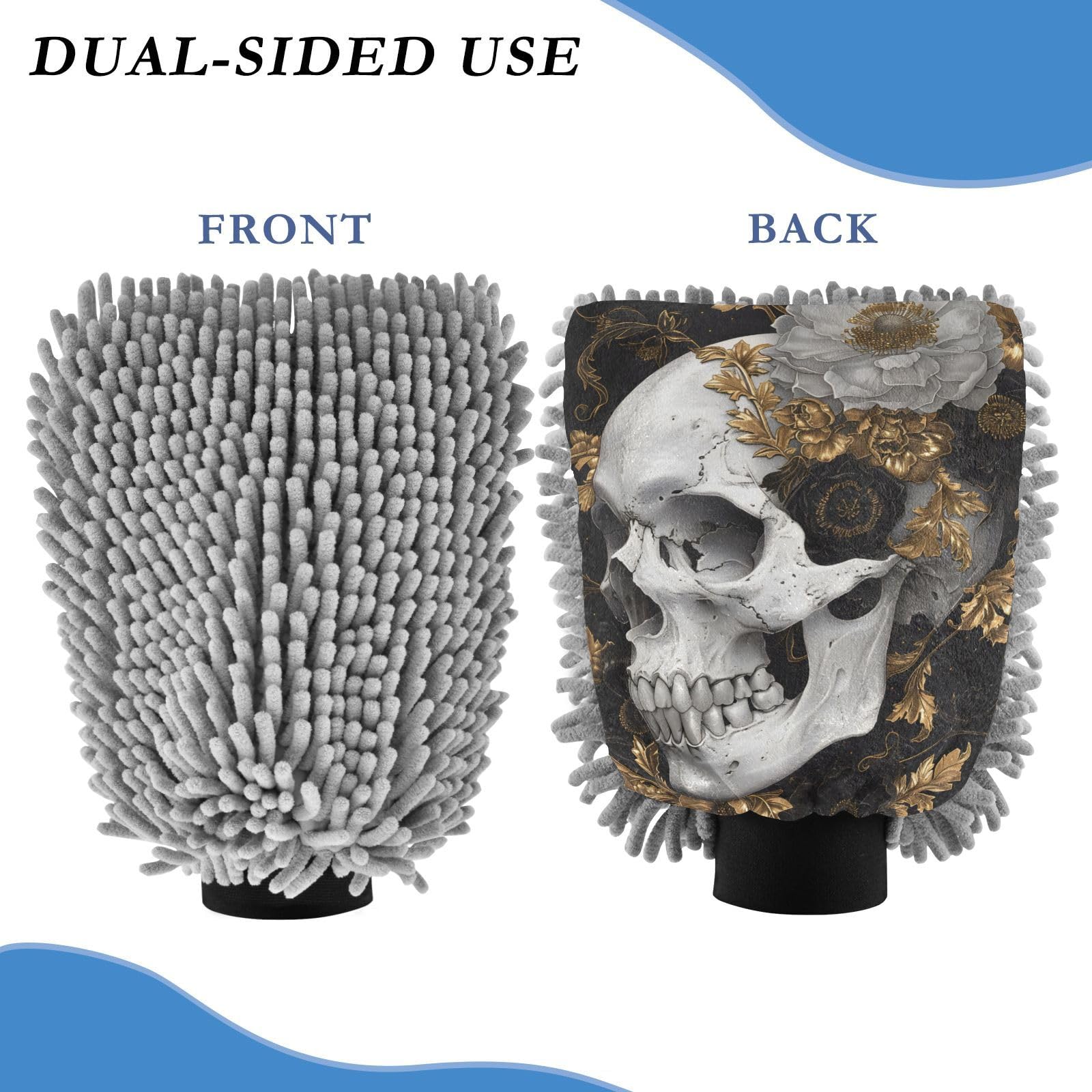 ALAZA Skull Gold Flowers Car Wash Mitt Scratch Free, 2 Pack Absorbent Microfiber/Chenille Washing & Drying Mitts, M