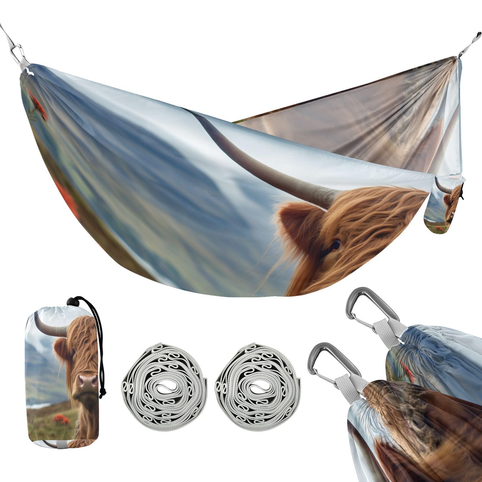 SDMKA Highland Cow Camping Hammock, 330 lbs with 2 Tree Straps, Carry Bag, Single Portable Hammock for Outdoor/Indoor, Hiking, Beach, Backpacking, Travel