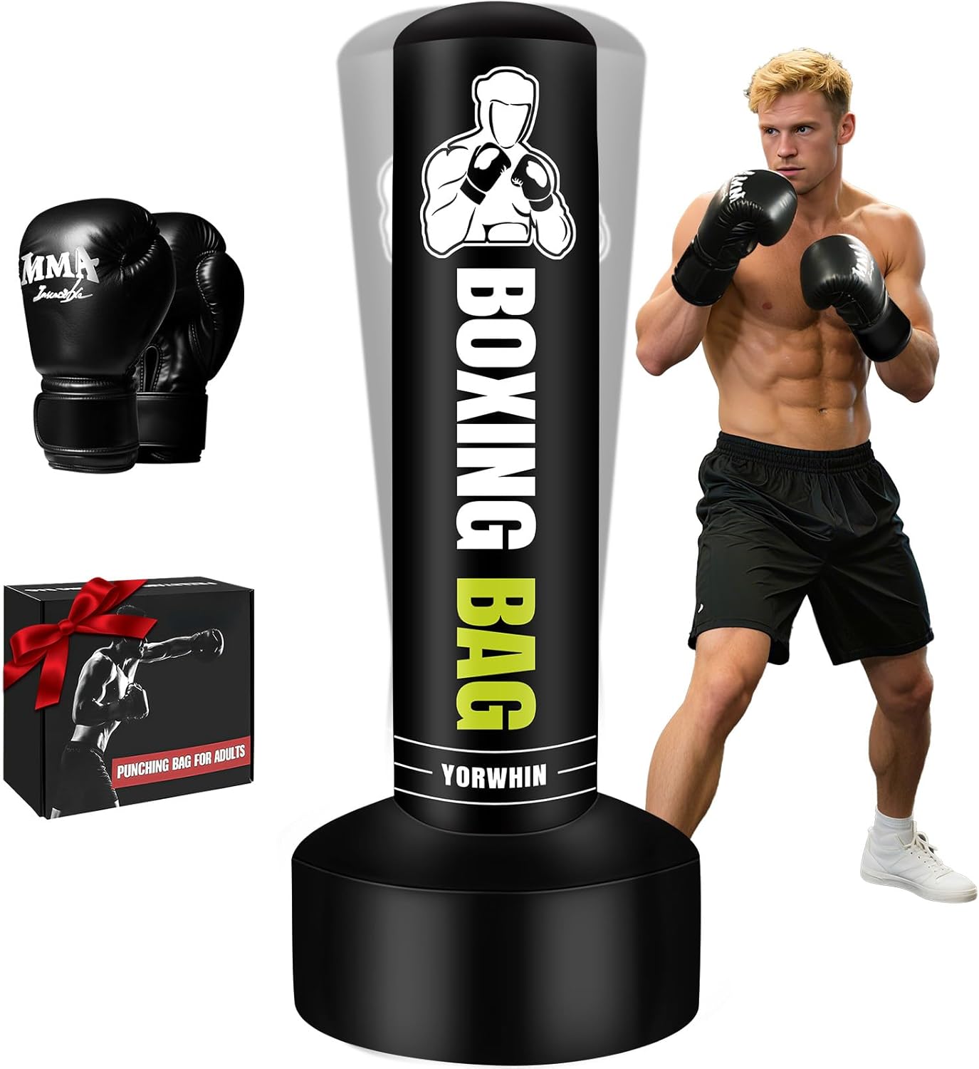 Freestanding Punching Bag for Adults, 70'' Heavy Boxing Bag with Stand with Gloves, Women Men Standing Kickboxing Bags for Training MMA Muay Thai Karate Fitness Home Gym