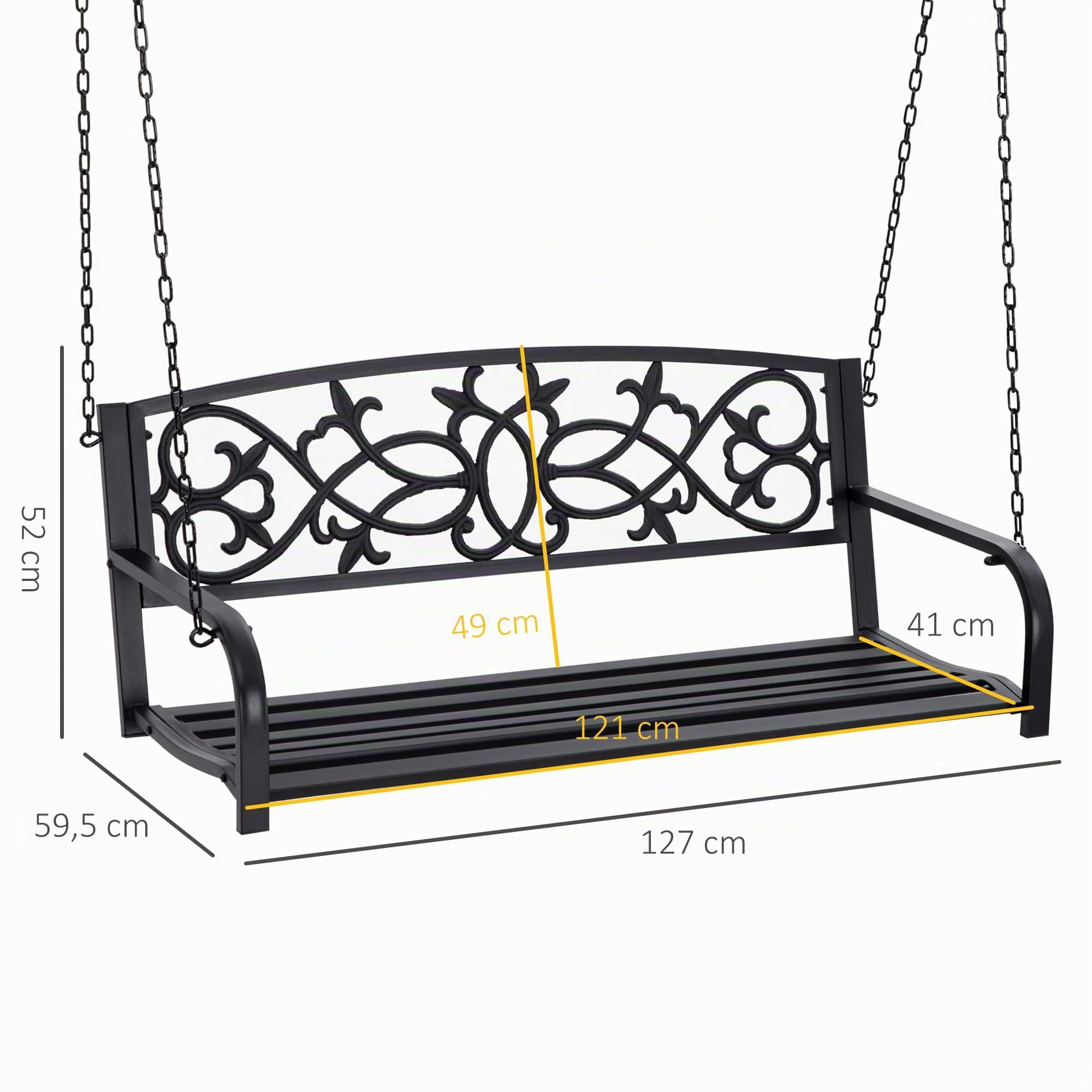 Outsunny Banco Columpio de 2 Plazas con Reposabrazos 127x59,5x52 cm Negro | Banco Colgante de Acero, Carga Máx. 240 kg, para Jardín Terraza Balcón Exterior