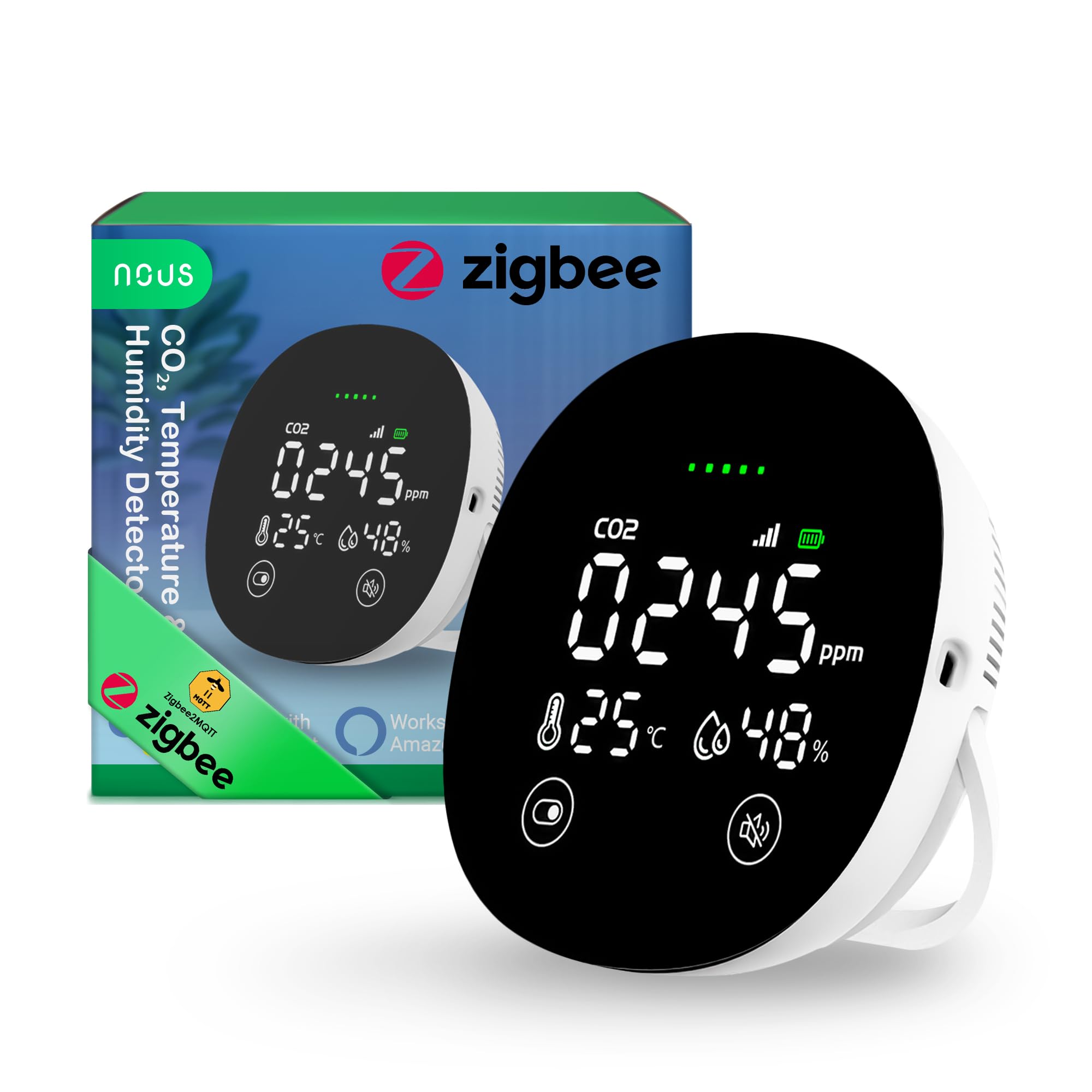 Nous E10 ZigBee CO2 Detector with Temperature & Humidity Sensor, Smart Air Quality Monitor, LED Display, App Alarm, Real-time Monitoring, Zigbee 3.0, Compatible with Alexa & Tuya