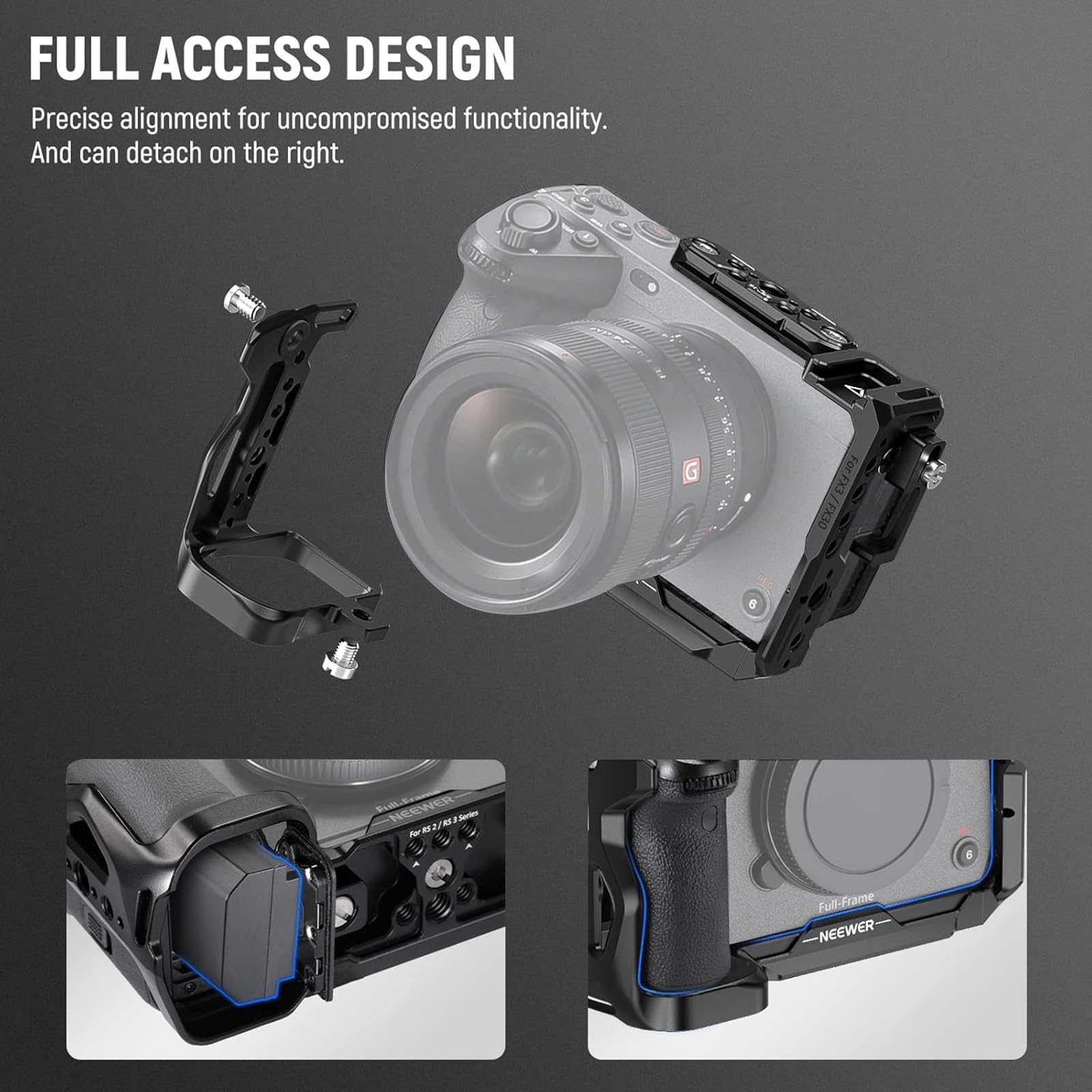 NEEWER FX3/FX30 Cage Gabbia per Fotocamera con Morsetto per Cavo HDMI, Guida NATO, Fori ARRI da 3/8", Filettatura 1/4" Compatibile con Sony FX3 FX30 Maniglia XLR Originale, Compatibile con DJI RS2 RS3
