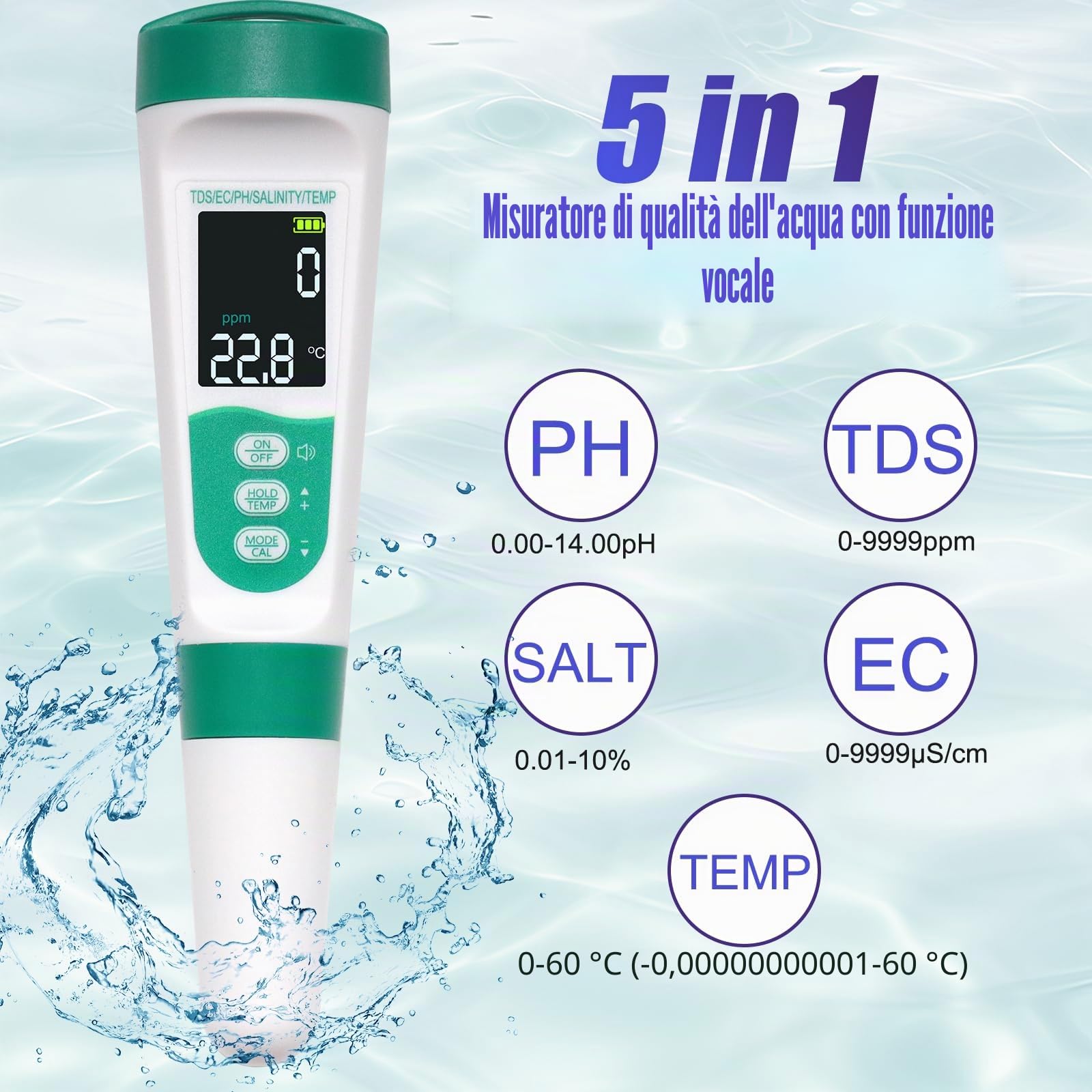 OBEST Misuratore Acqua pH, pH/TDS/EC/Sale/Temp Tester Acqua Digitale 5 in 1 | Tester Digitale Portatile Qualità Acqua Tipo-C Ricaricabile con Funzione Vocale per Acqua Potabile, Piscine, Acquari, Spa