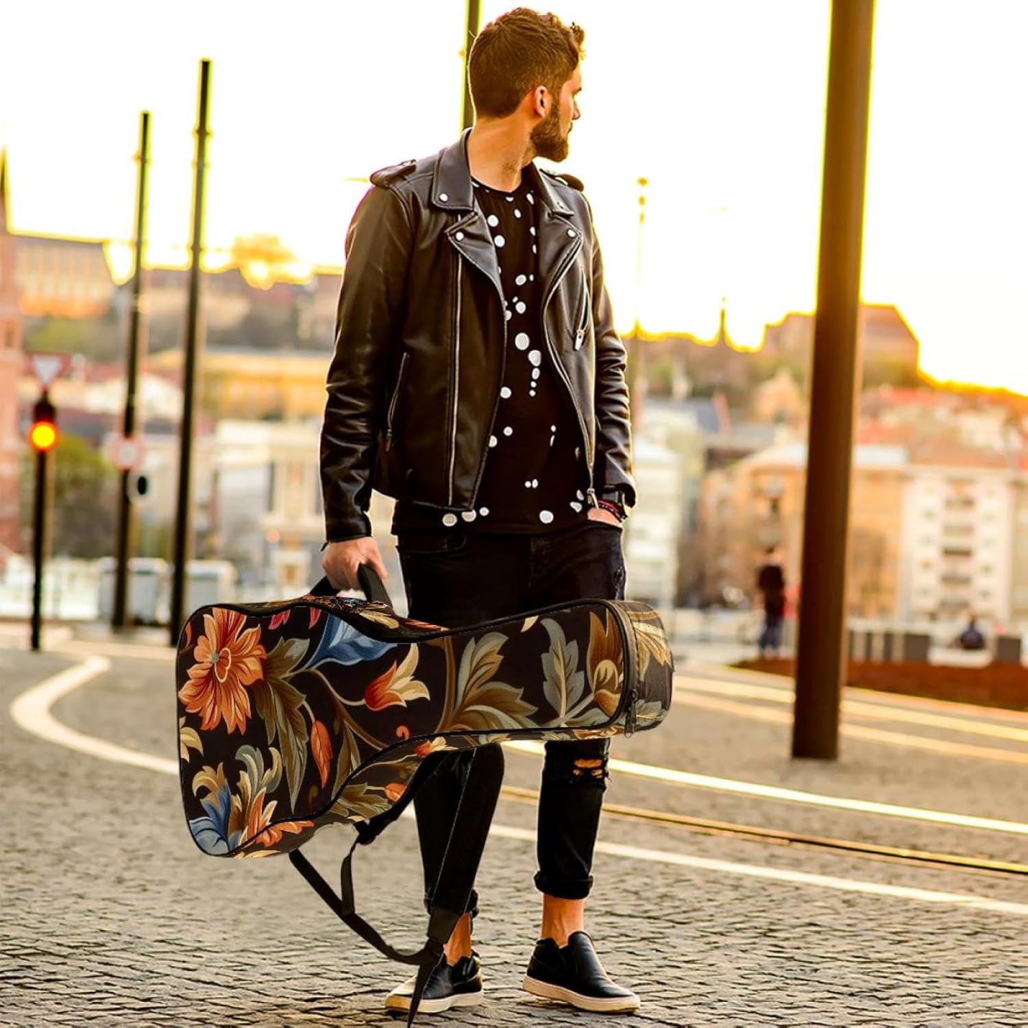 Acoustic Guitar Bag 0.4 Inch Thick Padding Waterproof Guitar Case Gig Bag for 40 41 42 Inch Electric Bass Classical Guitar, Retro Bohemia Pattern