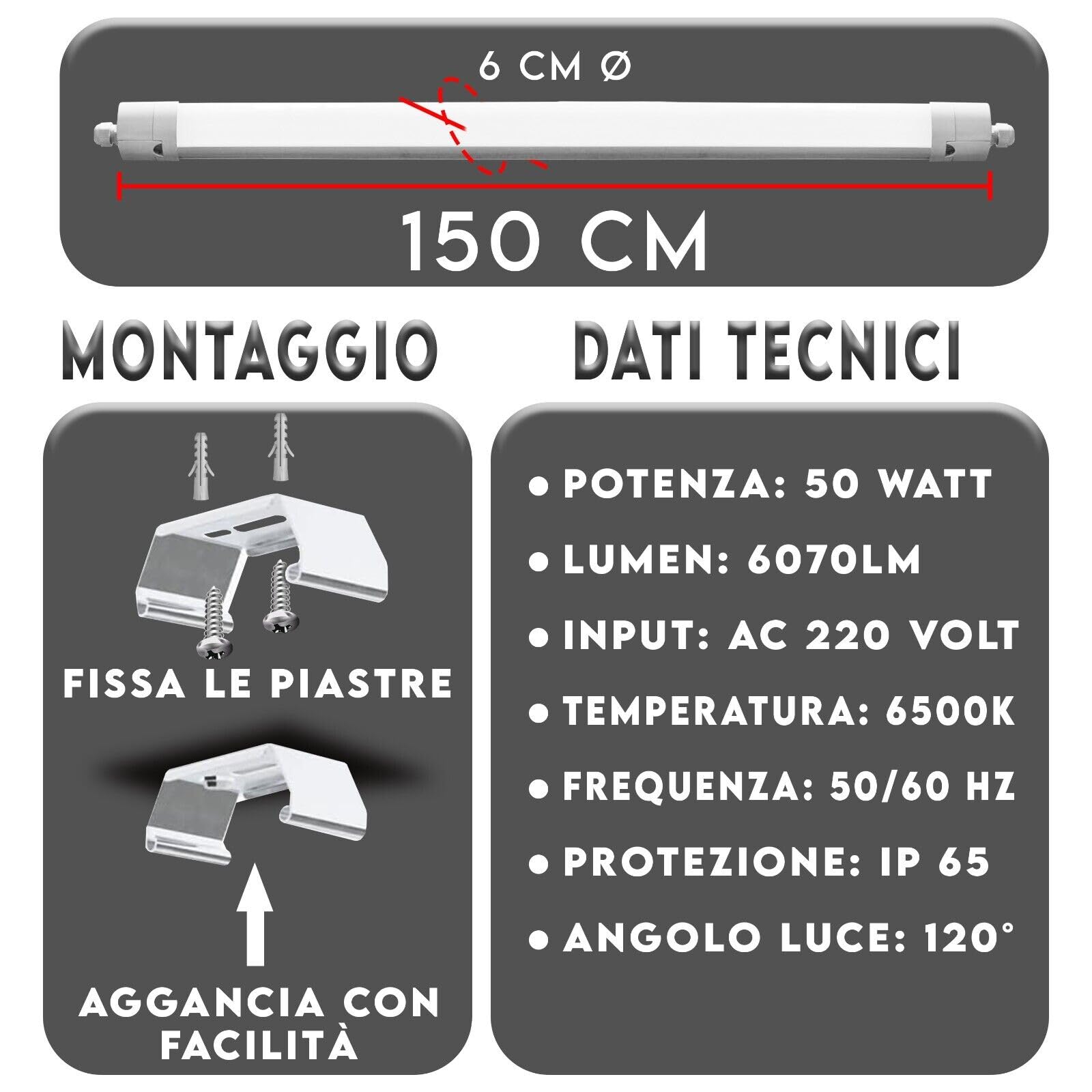 Maka Tubo Led Barra Luminosa 6500K Luce Fredda 220V 50/60 Hz IP65 Impermeabile per Esterno e Interni Umidi Lampada Box Auto Garage Cantina Magazzini Plug and Play 25.000 Ore (50W - 150 cm - 6070 Lm)