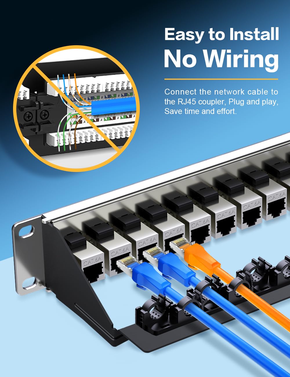 Panneau de brassage 24 ports Cat6A Keystone Panneau de brassage réseau avec câble intelligent (pas d'attache de câble nécessaire) Gestion pour montage en rack de 48,3 cm (blindé)