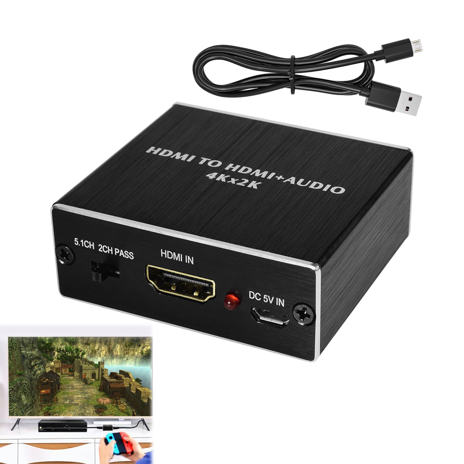 4K x 2K HDM1 Audio Convertisseur Adaptateur, Extracteur Audio HDM1 Splitter, Répartiteur Audio HDM1, HDM1 vers HDM1 Audio avec Adaptateur Stéréo 3,5 mm, Noir