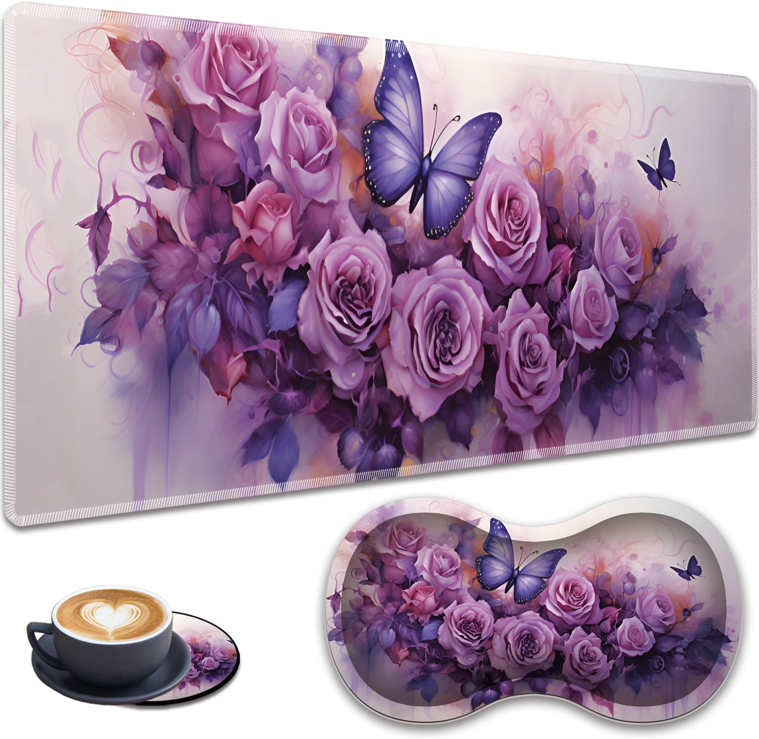 3-in-1 Large Mouse Pad Gaming Set (31.5 x 11.8 inch)+ Wrist Rest Pad + Coaster, Memory Foam Gel Wrist Rest Pad for Pain Relief, Stitched Edges, Non-Slip Table Mat, Purple Roses and Butterflies