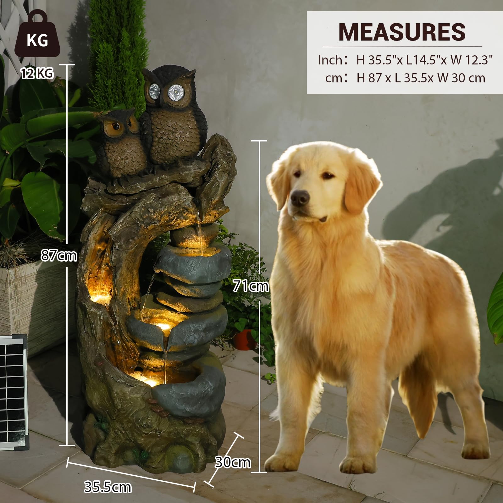 Solar Springbrunnen Außen Eulen, 4 - Stufen Gartenbrunnen Kaskade Zimmerbrunnen mit LED - Beleuchtung, Gartenbrunnen für Balkon, Terrasse, Drinnen & Draußen, Gartendekoration, 87 cm