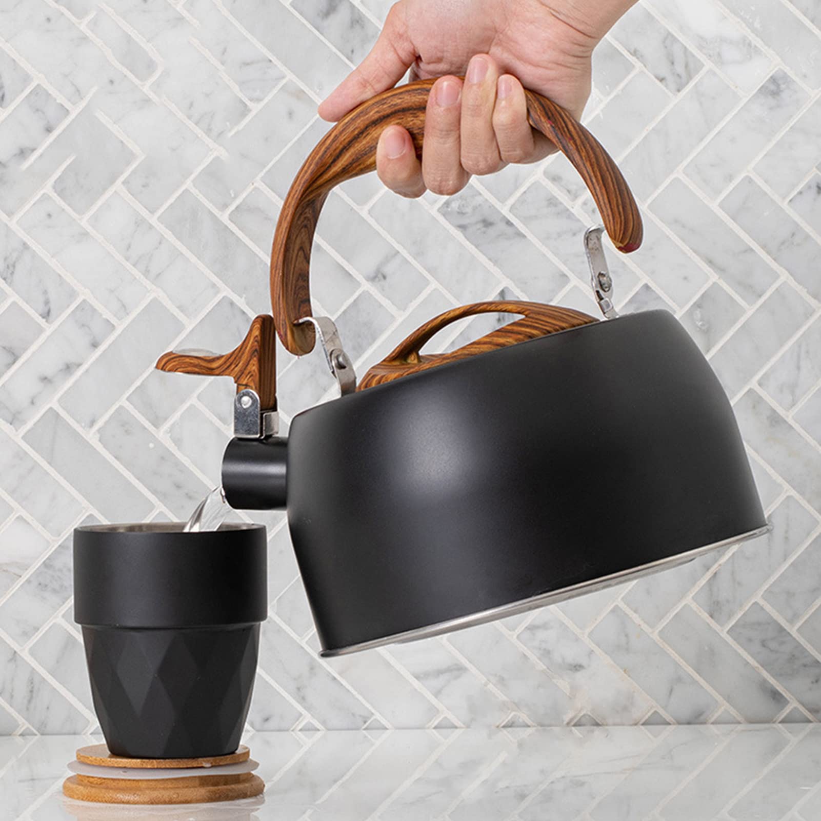 Hervidor de cocina,hervidor silbante, For todas las placas/estufas, gas, inducción, acero inoxidable de grado alimenticio, fondo compuesto de tres capas engrosado de alta capacidad, adecuado, negro (2