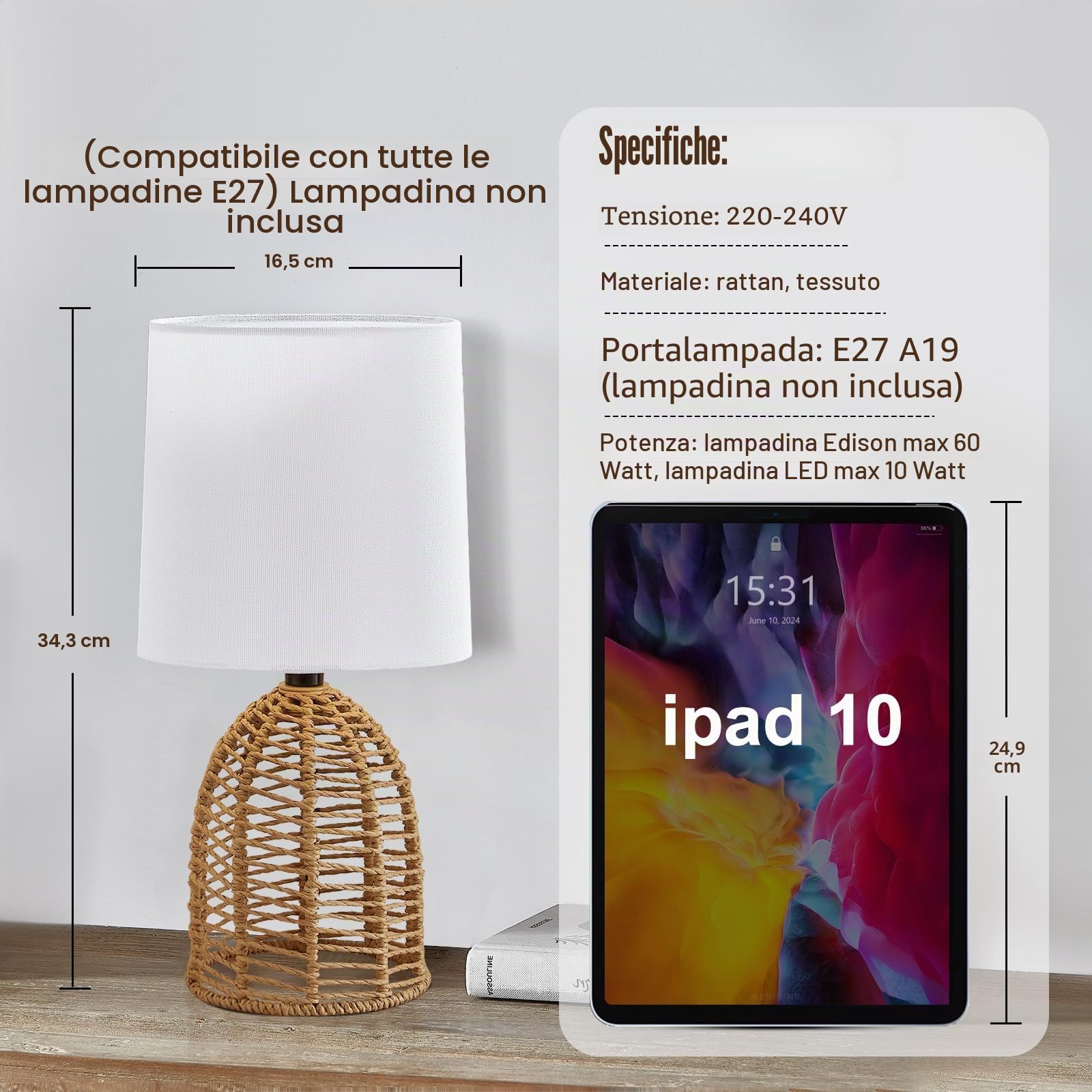 GyroVu Set di 2 lampade da comodino, in rattan, stile boho, attacco E27, piccole lampade per camere, camera da letto, comodino, soggiorno, lettura, lampada da tavolo