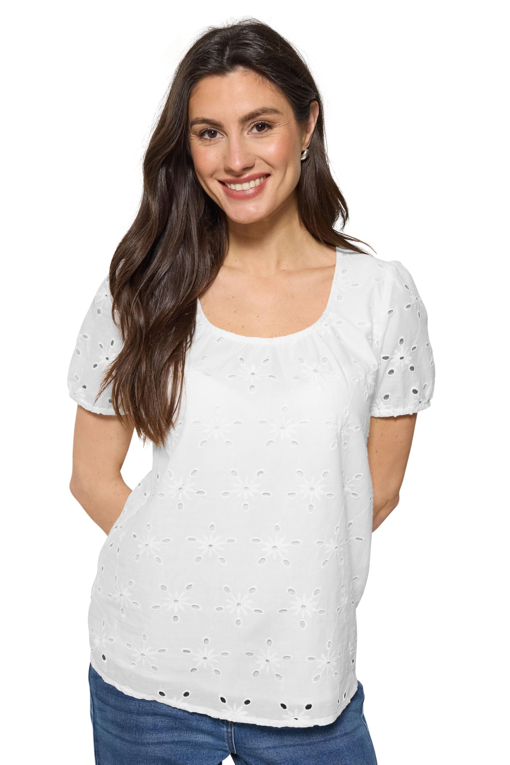 M&Co Women's White Broderie Short Sleeve Cotton Top In Size 12