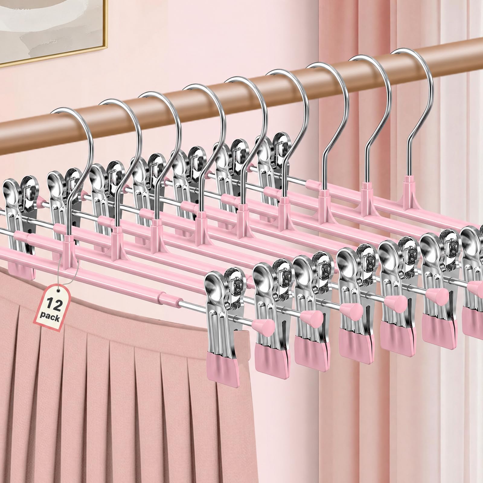 OAMCEG 12 Pack Trouser Hangers - Adjustable Non-Slip Clips, Stainless Steel Metal Skirt & Trousers Hangers, Space Saving Clothes Wardrobe Organiser for Pants, Jeans, Kids, Baby (Pink)