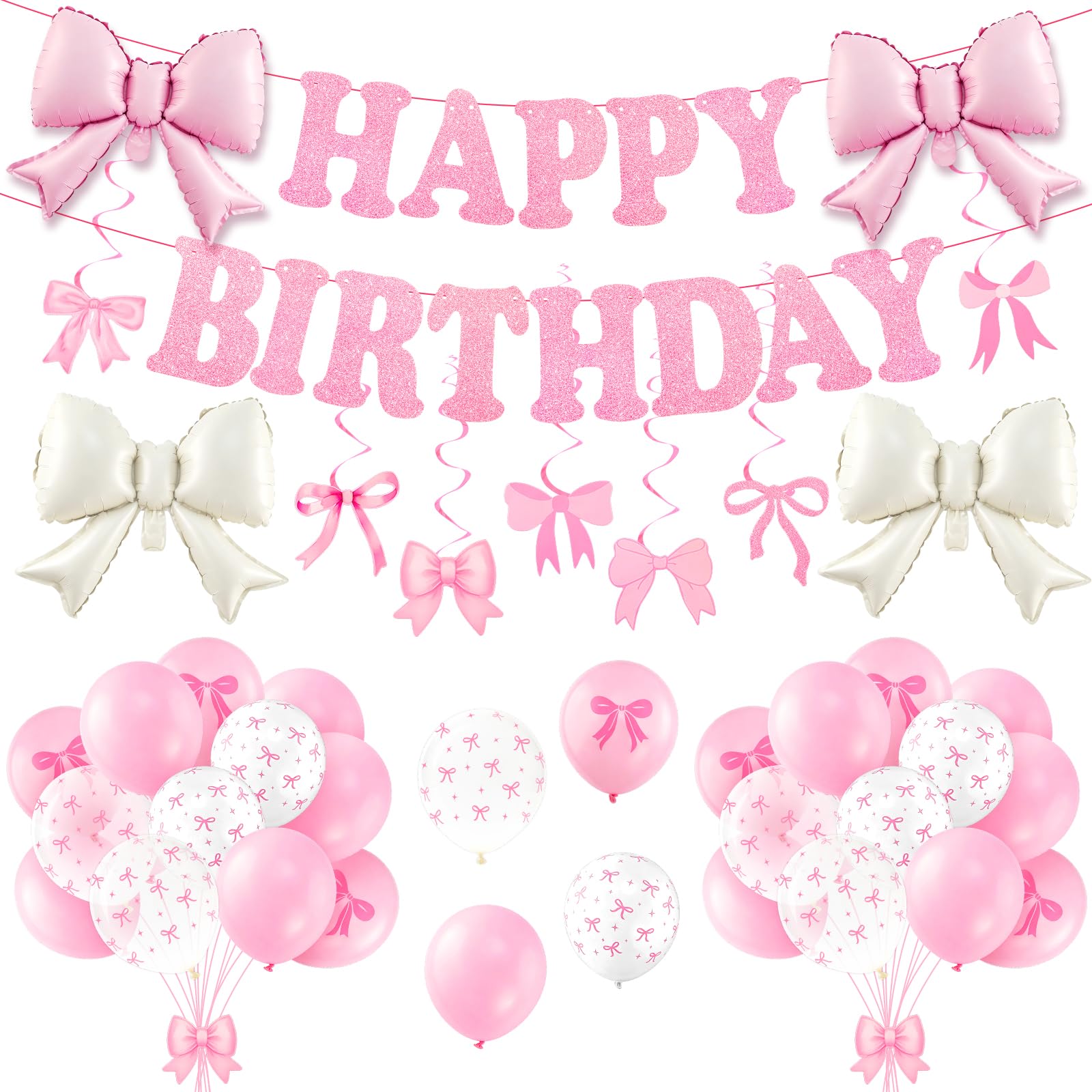 Pink Bow Birthday Decorations Set Happy Birthday Banner Pink Party — image 1
