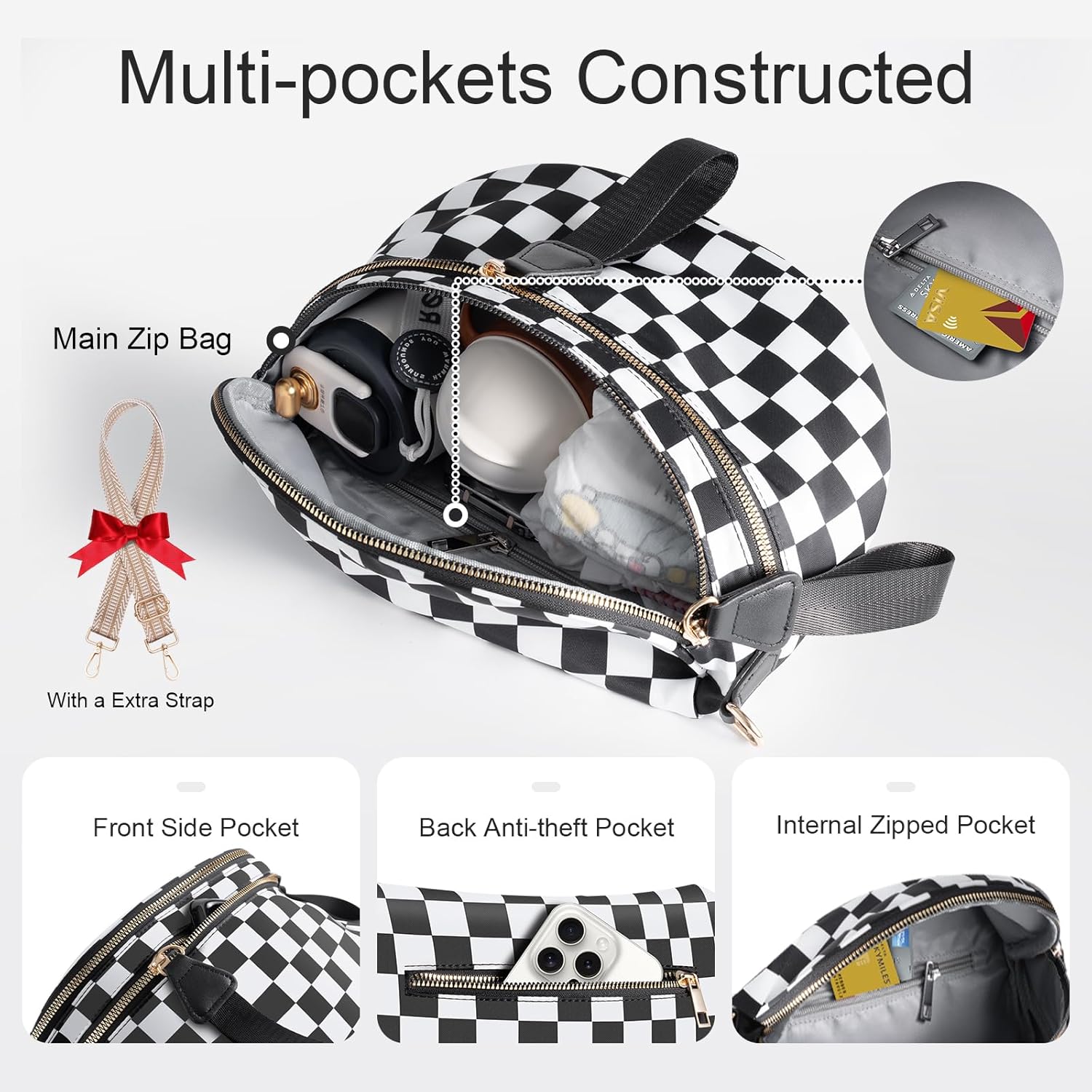 Bum Bags for Women Checkered Crossbody Bag Large Nylon Belt Purse Fanny Packs, Bonus with a Extra Strap - Image 4