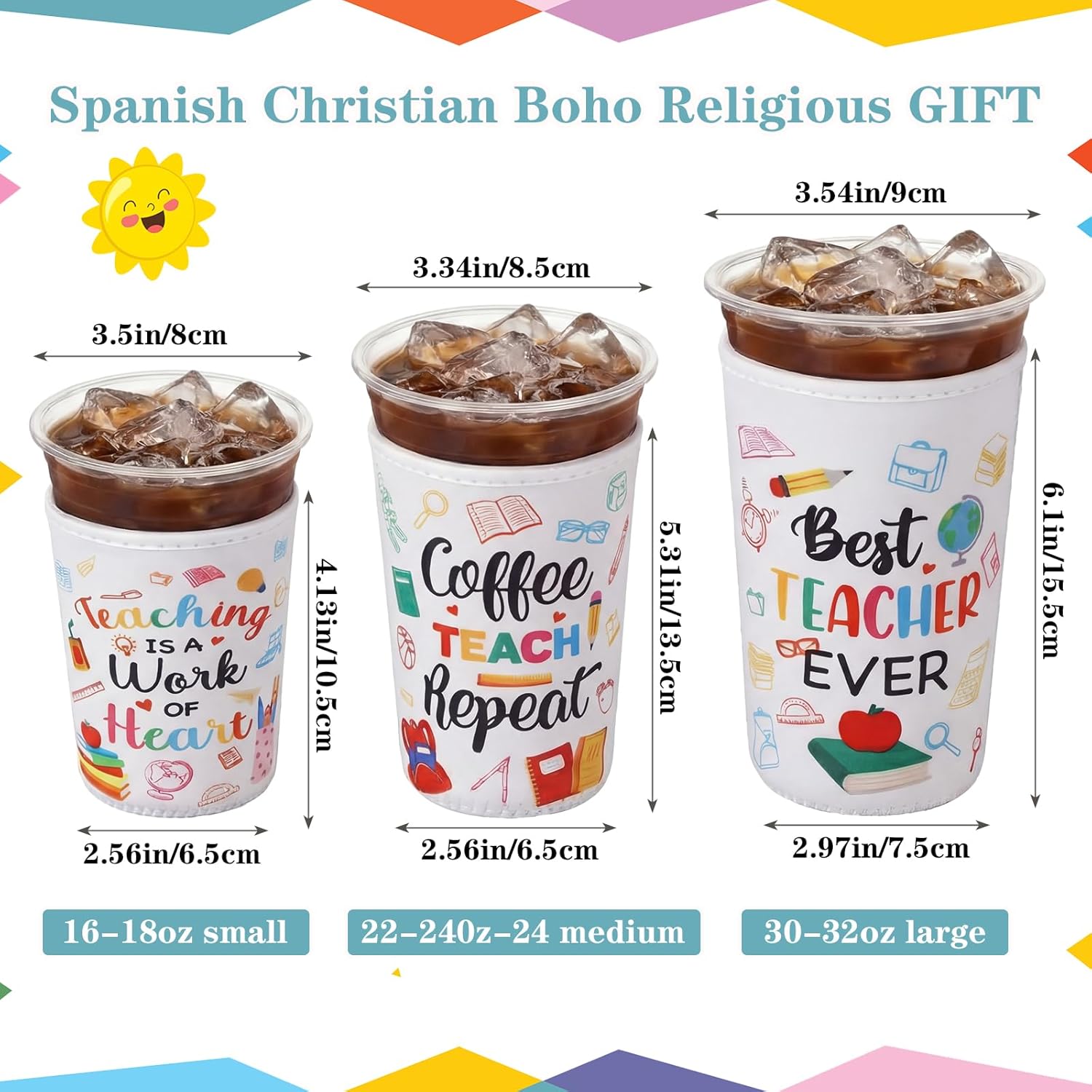 FoldTier 3 Pcs Teacher Appreciation Gifts Teachers Cup Sleeves Iced Coffee Sleeves Teachers Coffee Sleeve Gifts Iced and Hot Drinks Cup Sleeve for End of School Year Graduation(Elegant)