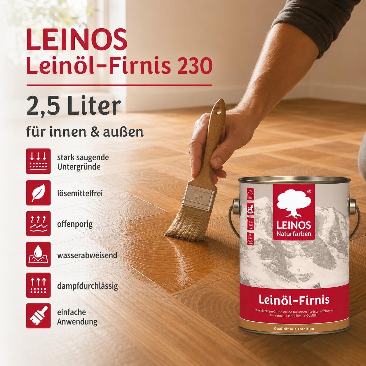 Leinöl-Firnis – Biologischer Holzschutz, farblos, innen & außen, 2,5 L | Holzschutz für Möbel, Türen & Zäune | natürlicher Firnis, Holzpflegeöl für den Außenbereich | wetterfest, lösemittelfrei